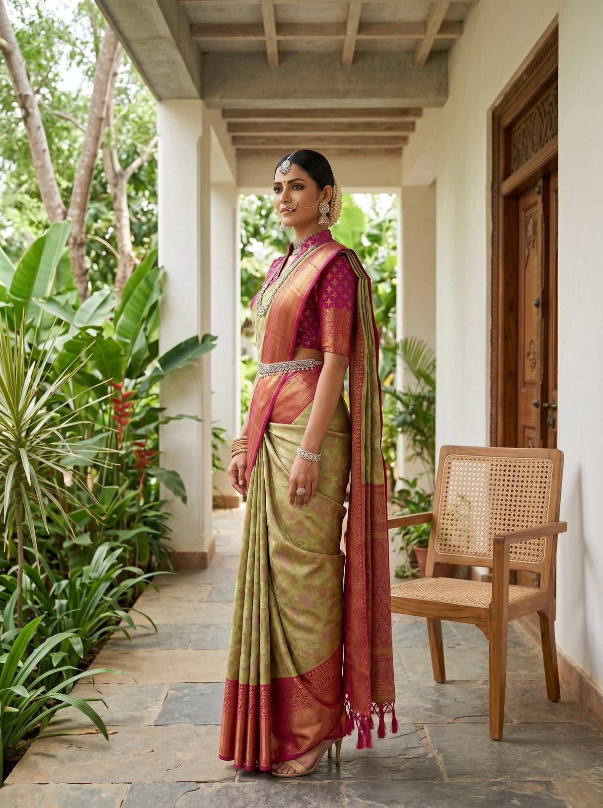 MIMOSA Olive Kanjivaram Art Silk Saree — pose 3 styling detail