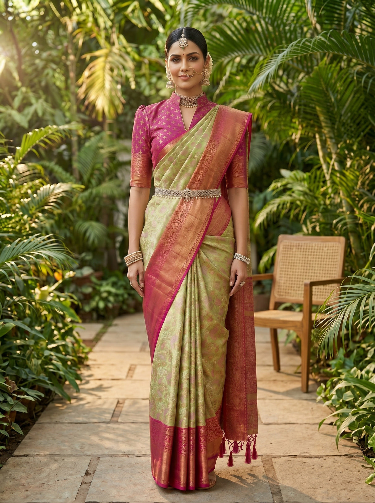 MIMOSA Olive Kanjivaram Art Silk Saree — pose 4 styling detail