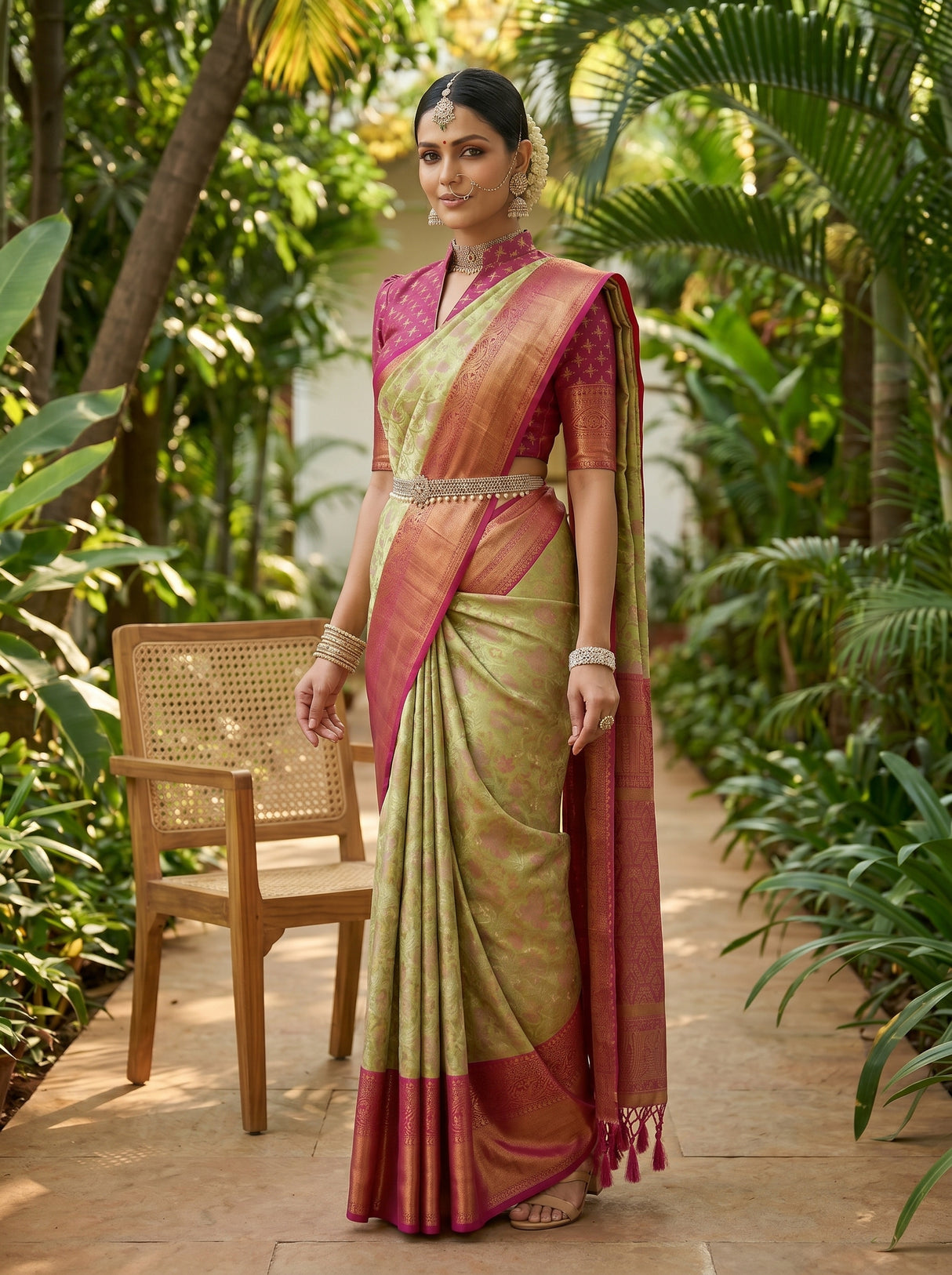 MIMOSA Olive Kanjivaram Art Silk Saree — pose 5 styling detail