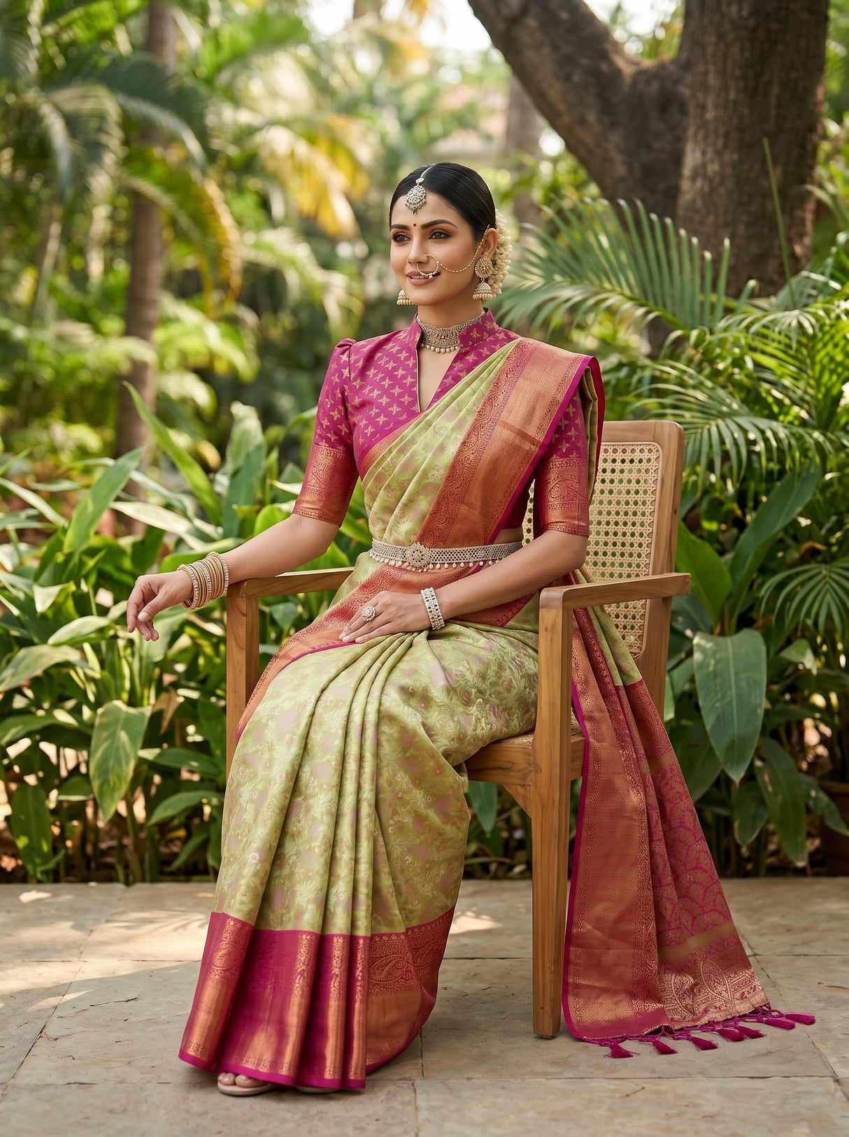 MIMOSA Olive Kanjivaram Art Silk Saree — pose 8 styling detail