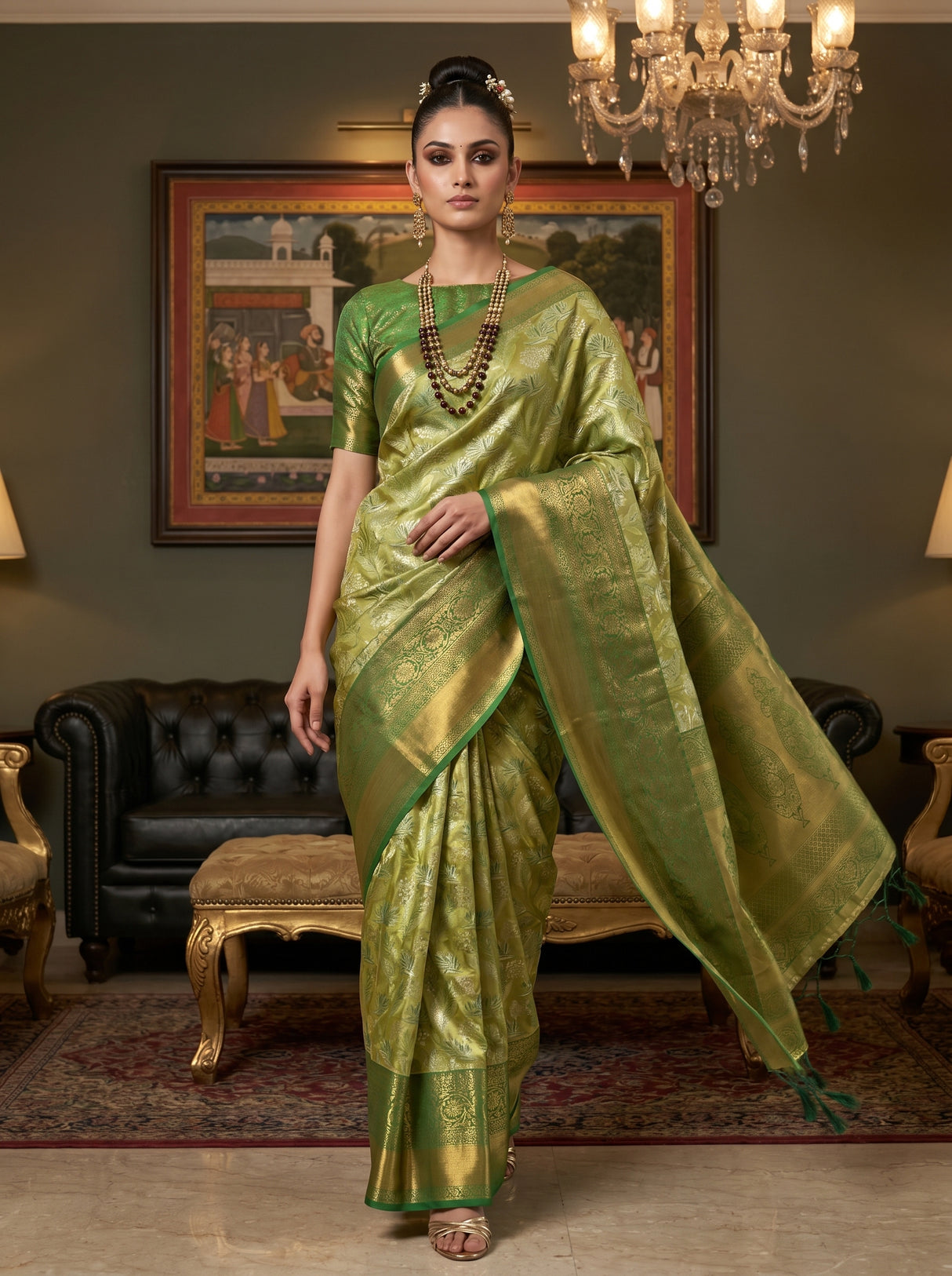 MIMOSA Olive Kanjivaram Art Silk Saree β pose 6 styling detail