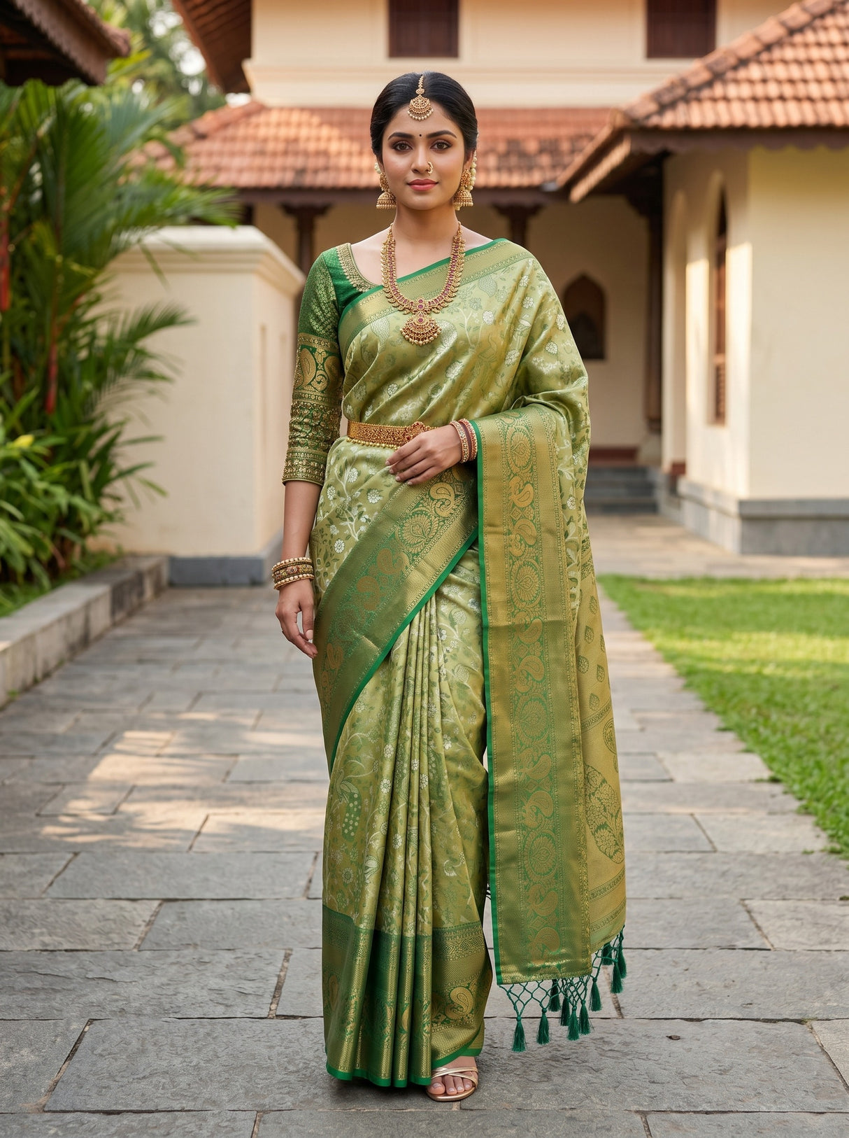 MIMOSA Olive Kanjivaram Art Silk Saree — model standing outdoors