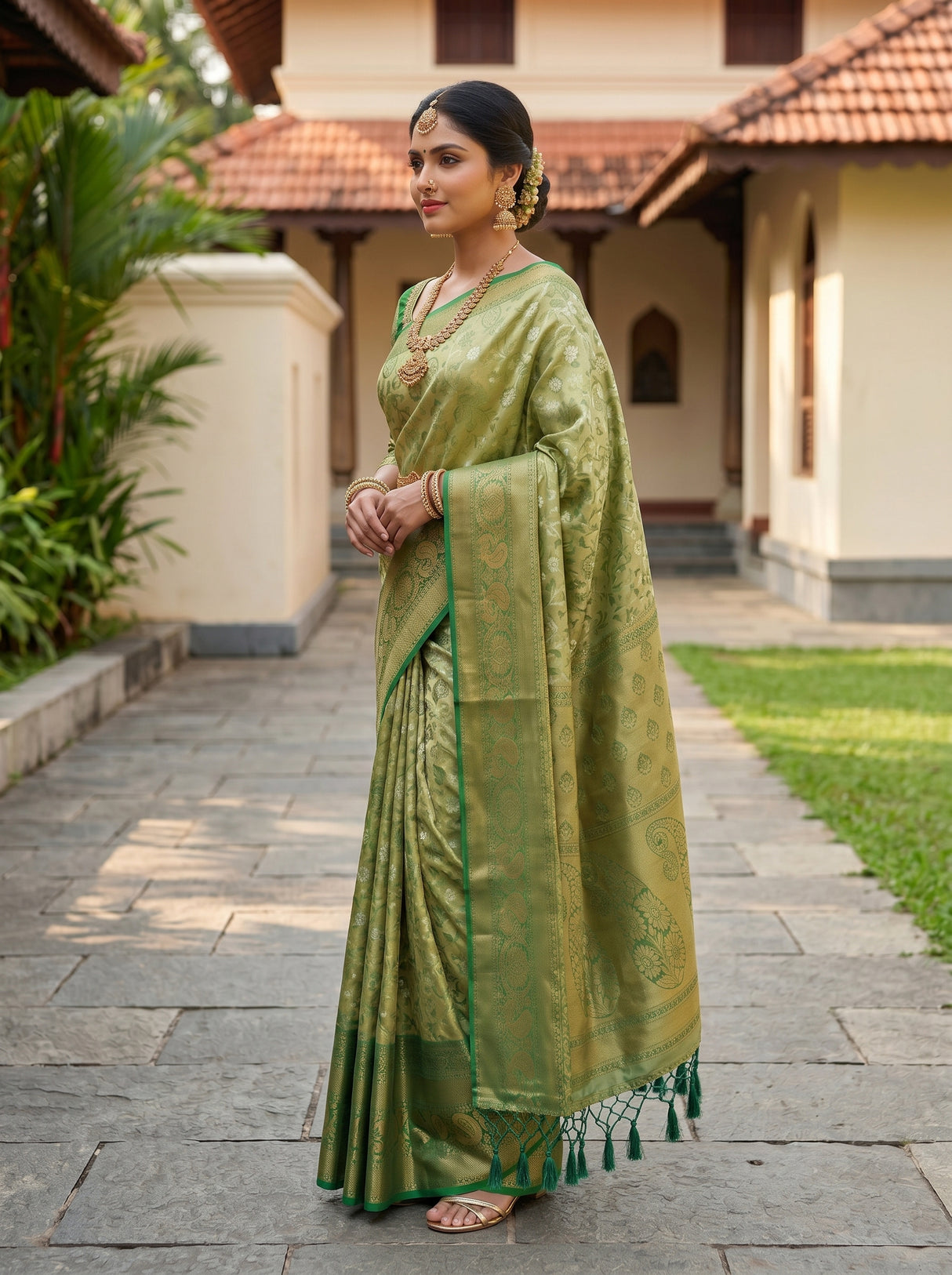 MIMOSA Olive Kanjivaram Art Silk Saree — pose 3 styling detail