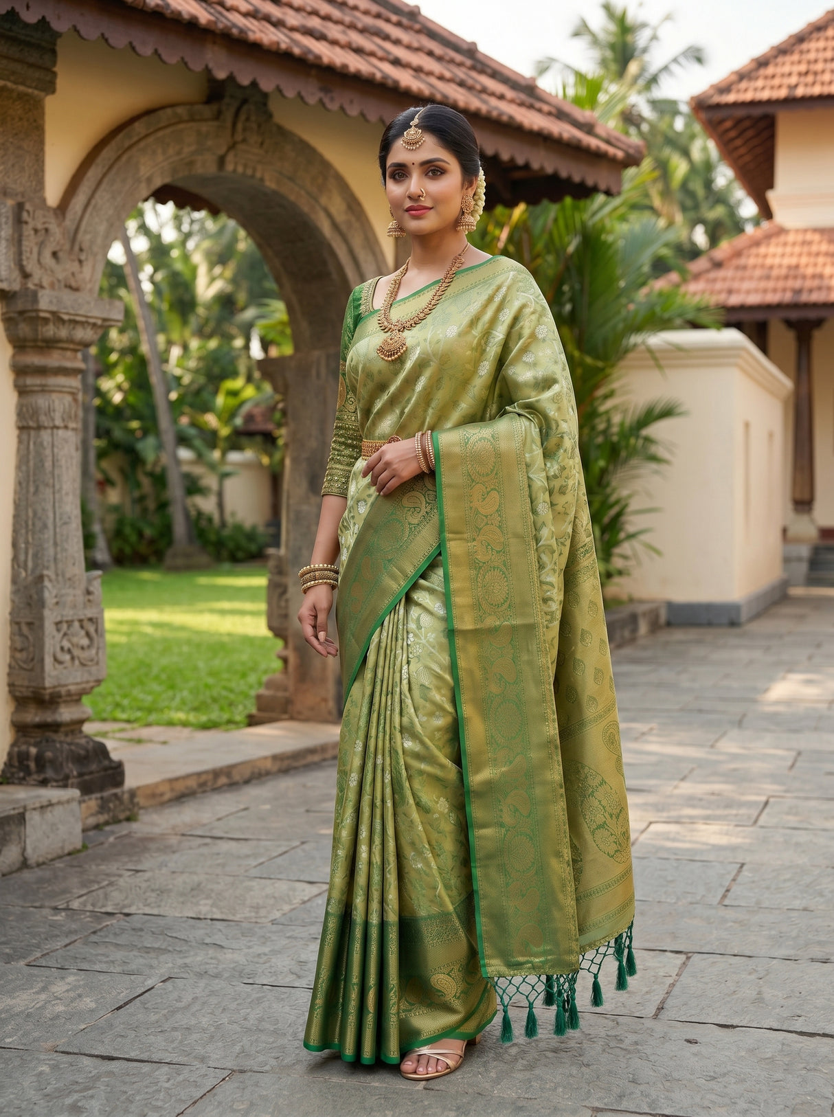 MIMOSA Olive Kanjivaram Art Silk Saree — pose 5 styling detail