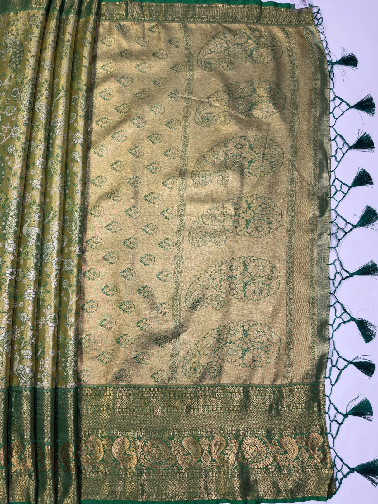 MIMOSA Olive Kanjivaram Art Silk Saree — pallu and zari work detail