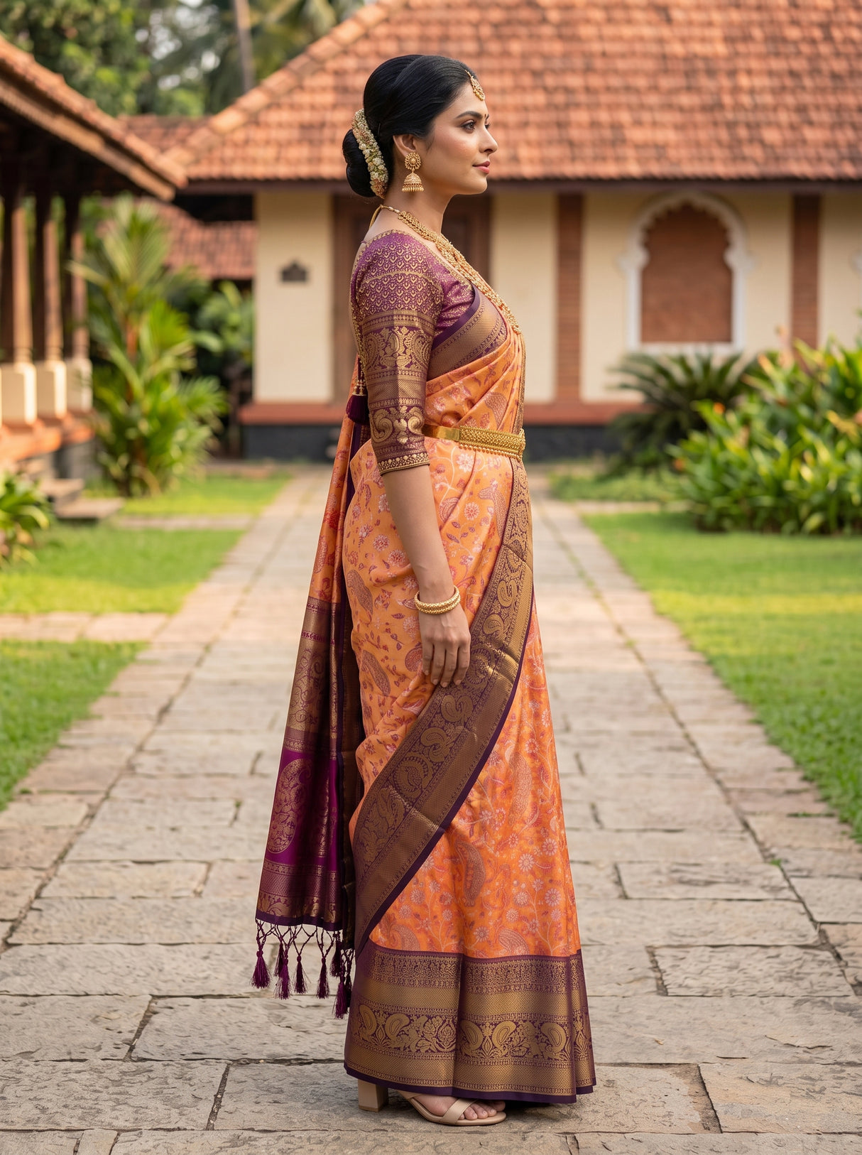 MIMOSA Orange Kanjivaram Art Silk Saree — pose 3 styling detail