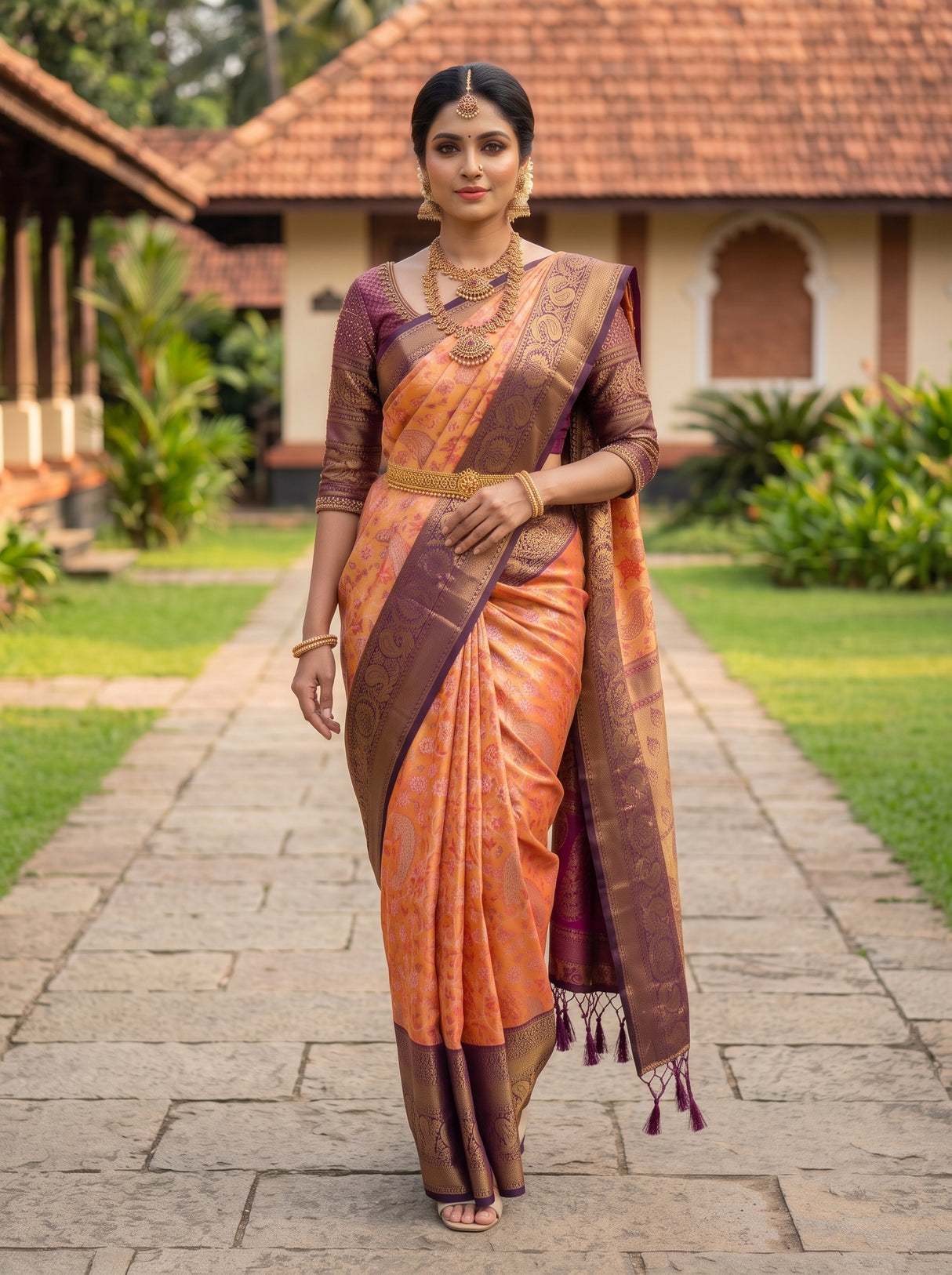 MIMOSA Orange Kanjivaram Art Silk Saree — pose 6 styling detail