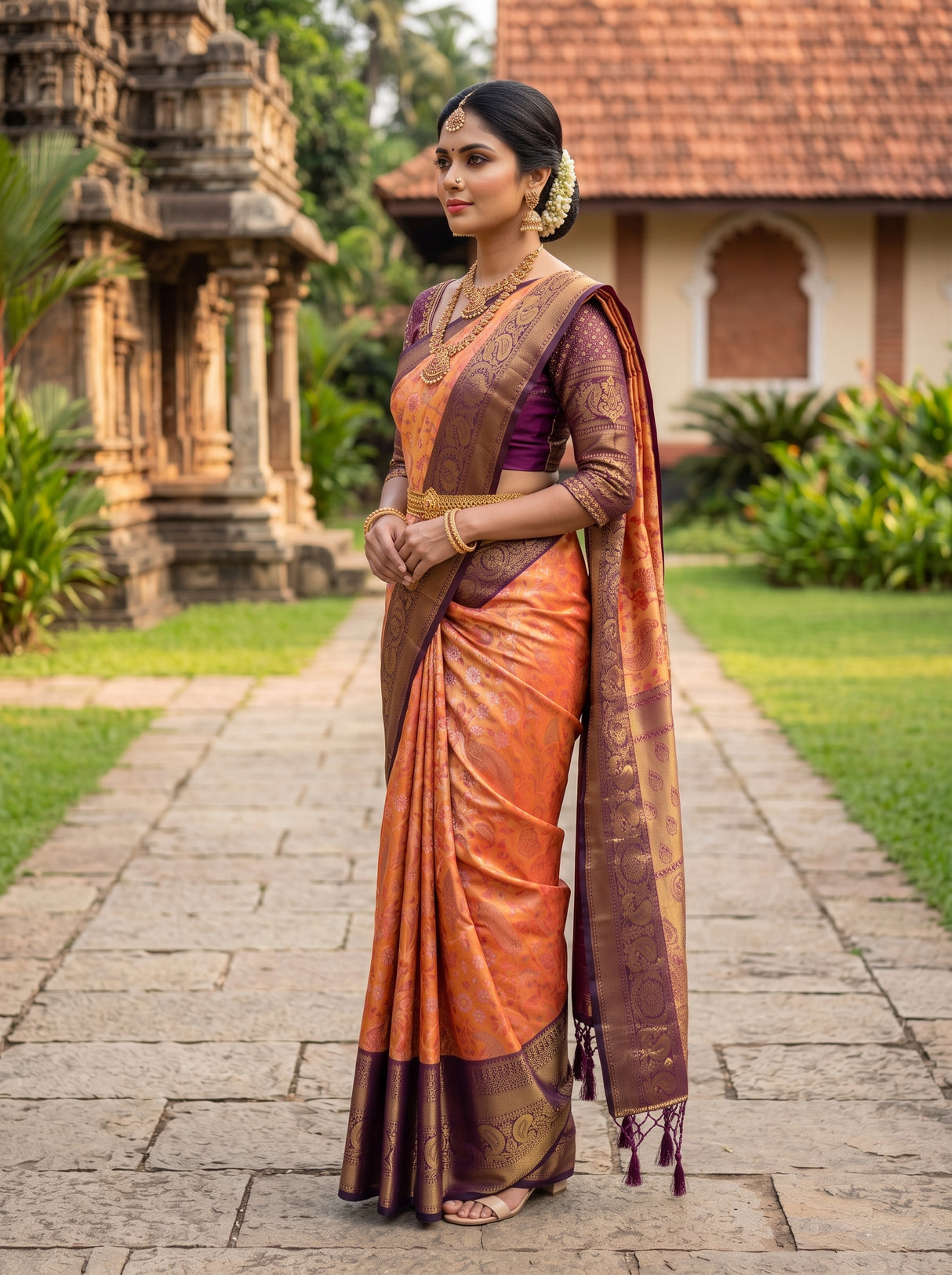 MIMOSA Orange Kanjivaram Art Silk Saree — pose 7 styling detail