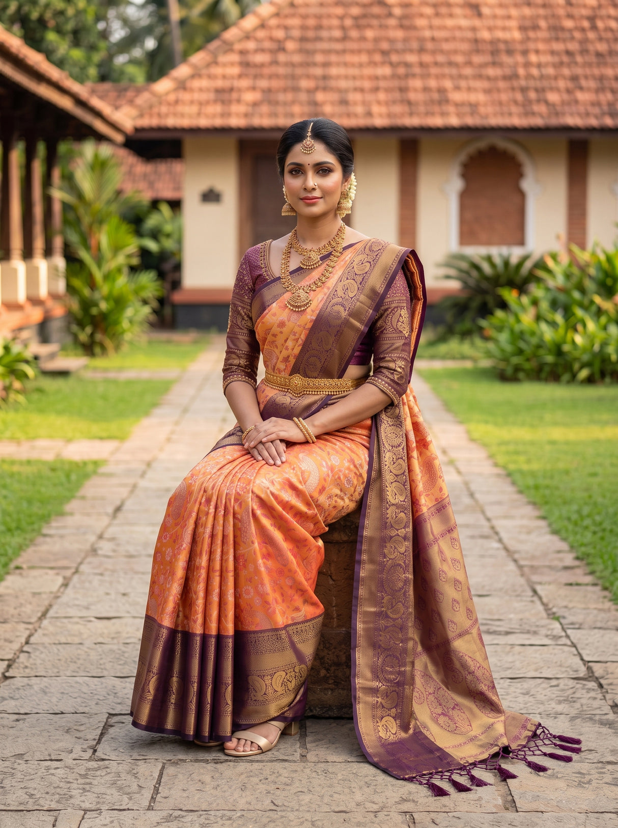 MIMOSA Orange Kanjivaram Art Silk Saree — pose 8 styling detail