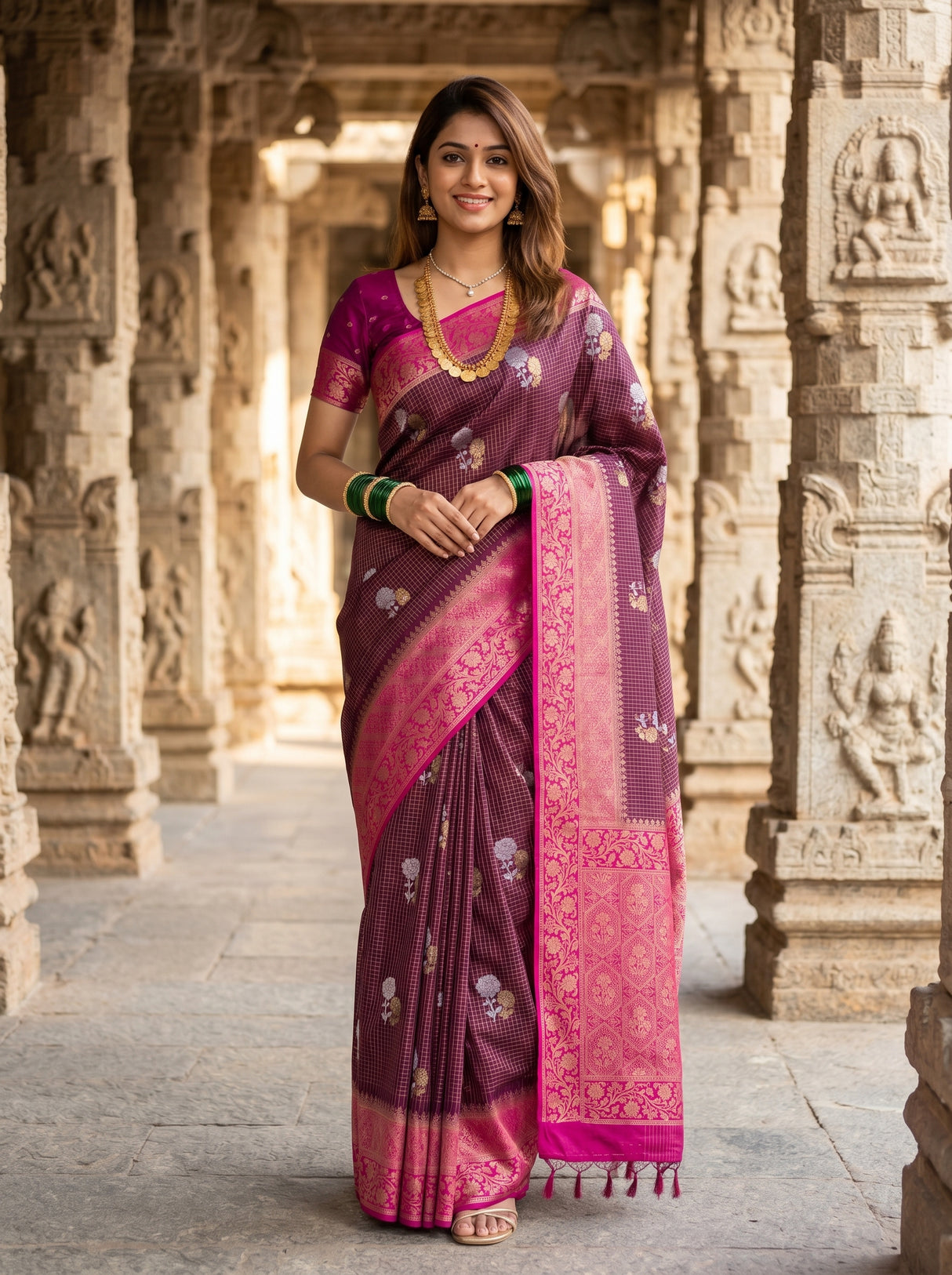MIMOSA Maroon Mysore Silk crepe Saree β Draped Mannequin View