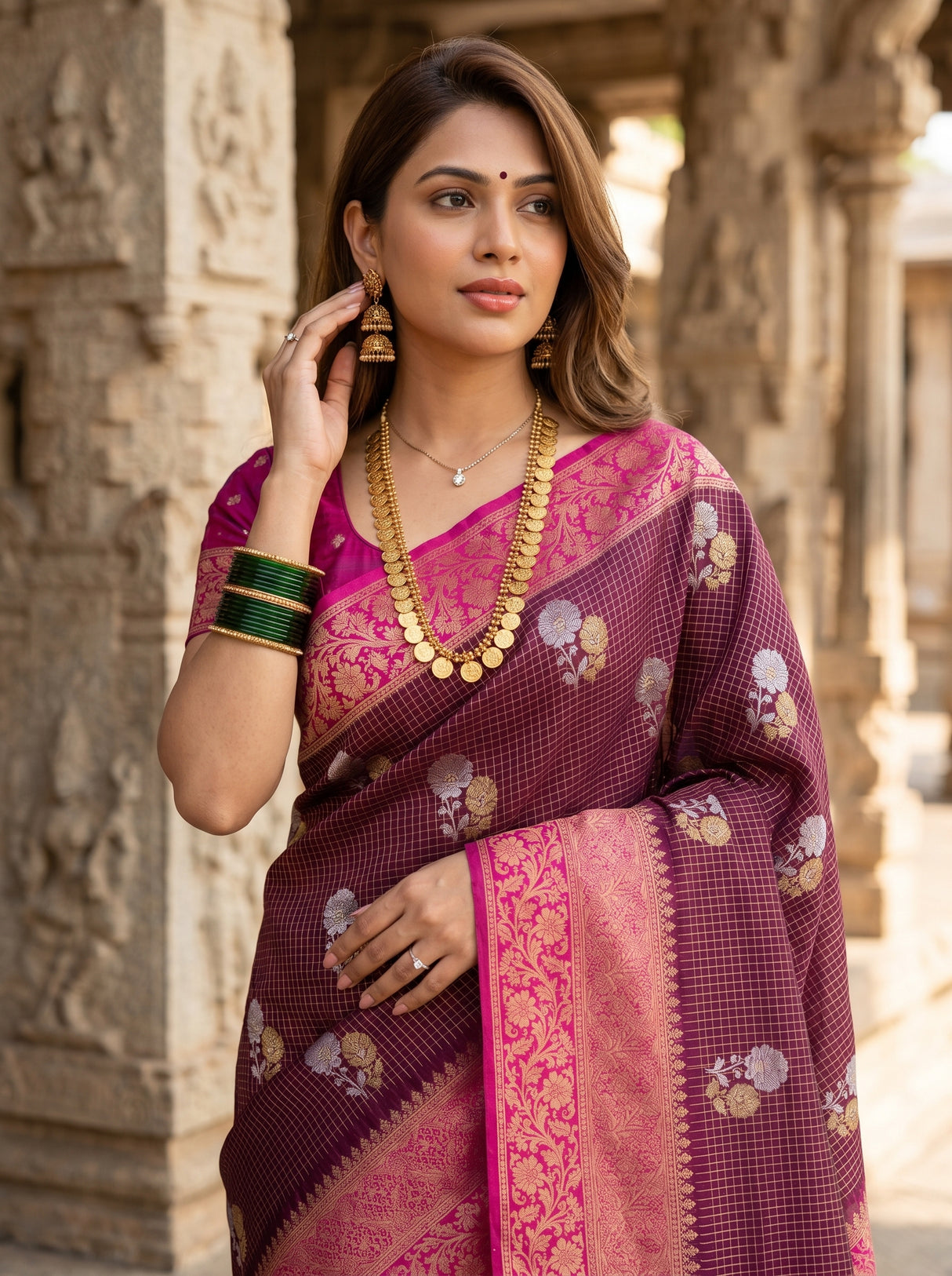 MIMOSA Maroon Mysore Silk crepe Saree β pose 10 styling detail