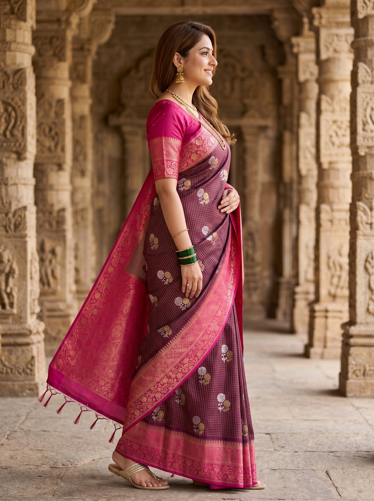 MIMOSA Maroon Mysore Silk crepe Saree β pose 3 styling detail
