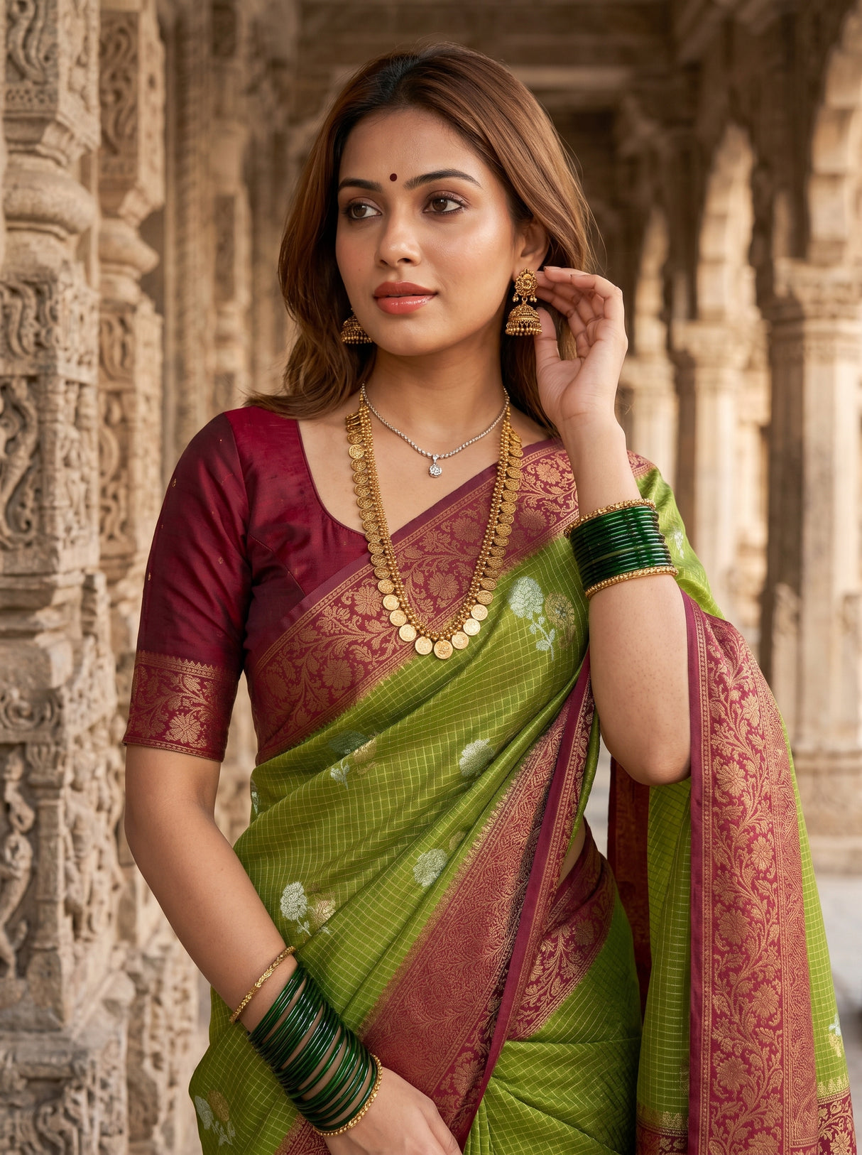 MIMOSA Olive Mysore Silk crepe Saree β pose 10 styling detail