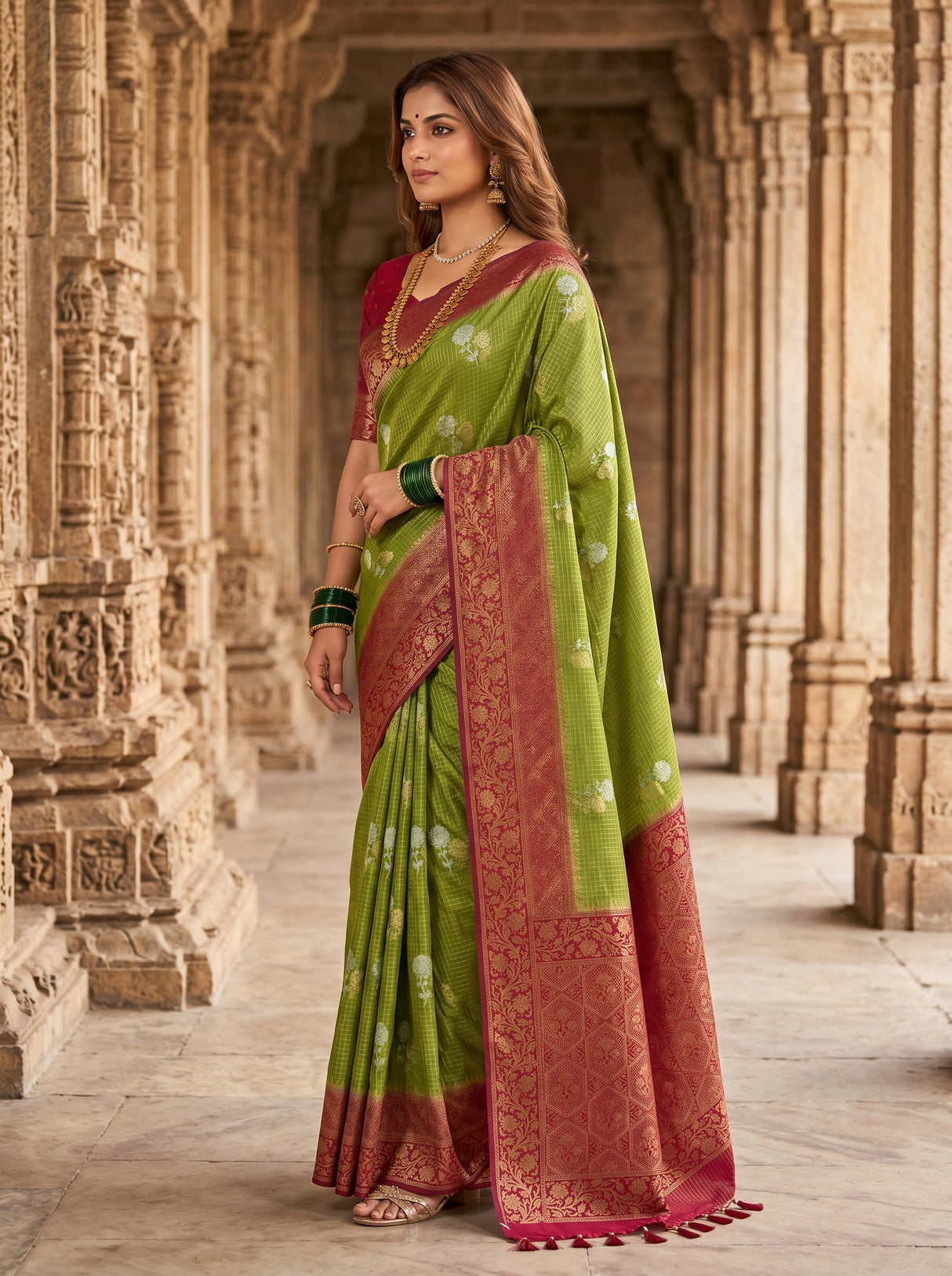 MIMOSA Olive Mysore Silk crepe Saree β pose 3 styling detail