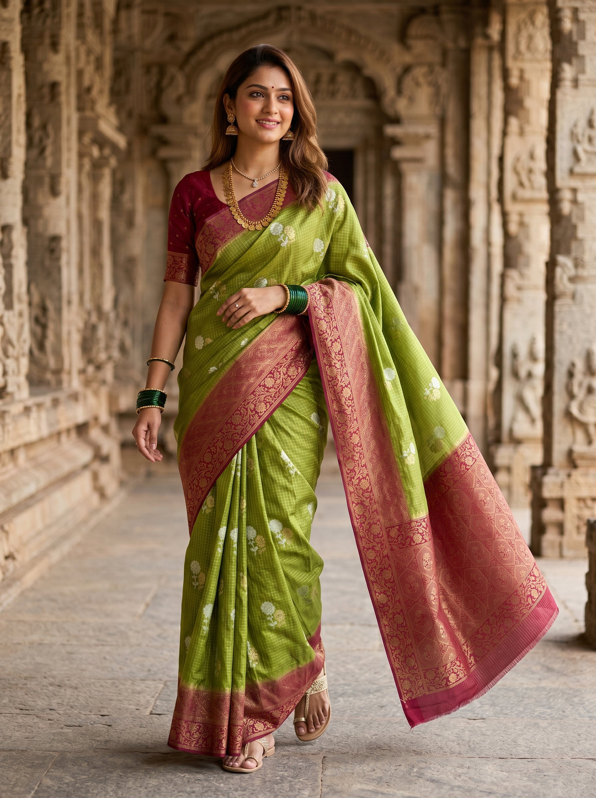MIMOSA Olive Mysore Silk crepe Saree β pose 7 styling detail