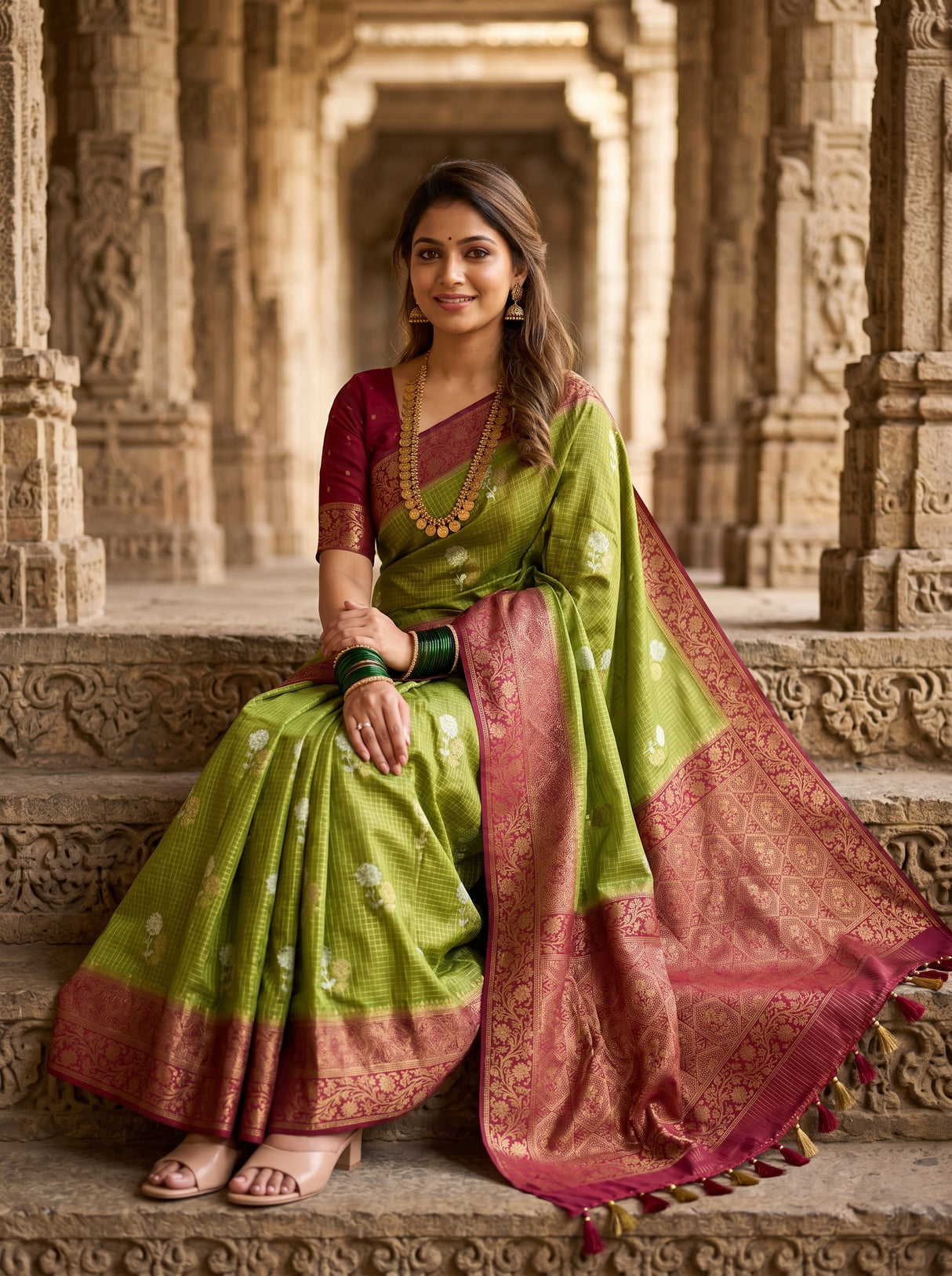 MIMOSA Olive Mysore Silk crepe Saree β pose 8 styling detail