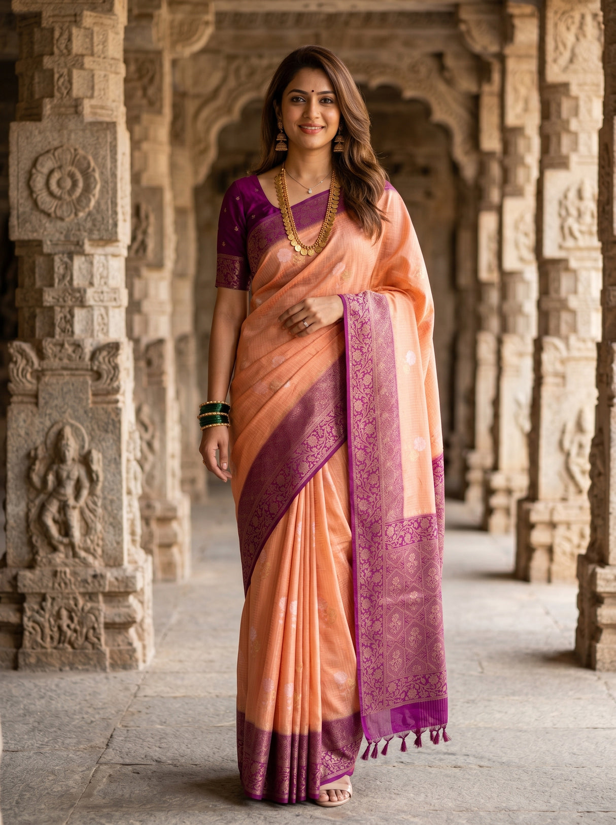 MIMOSA Peach Mysore Silk crepe Saree β Draped Mannequin View