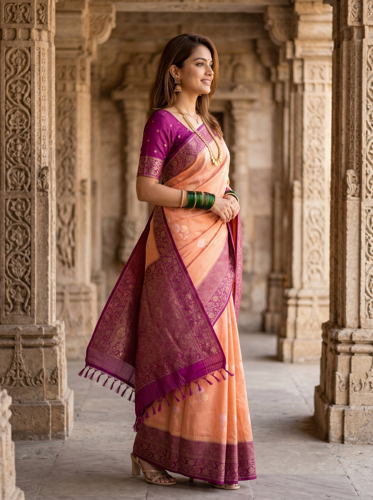 MIMOSA Peach Mysore Silk crepe Saree β Full View on Model