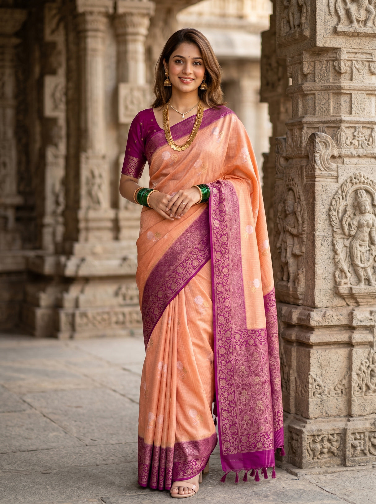 MIMOSA Peach Mysore Silk crepe Saree β pose 5 styling detail