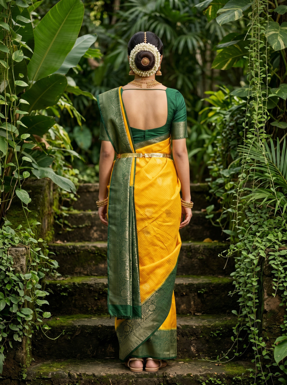 MIMOSA Gold Mysore Silk crepe Saree β contrast Green blouse Fabric