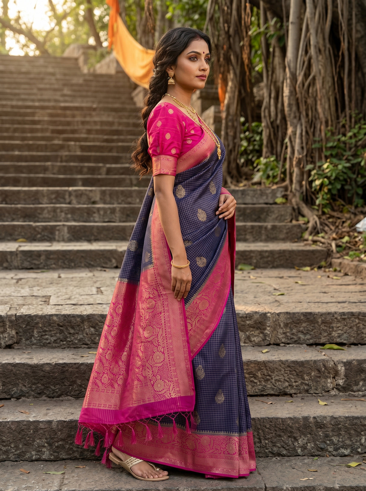 MIMOSA Navy Mysore Silk crepe Saree β Full View on Model
