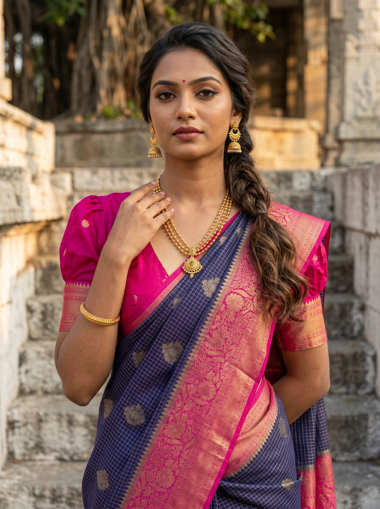 MIMOSA Navy Mysore Silk crepe Saree β pose 4 styling detail
