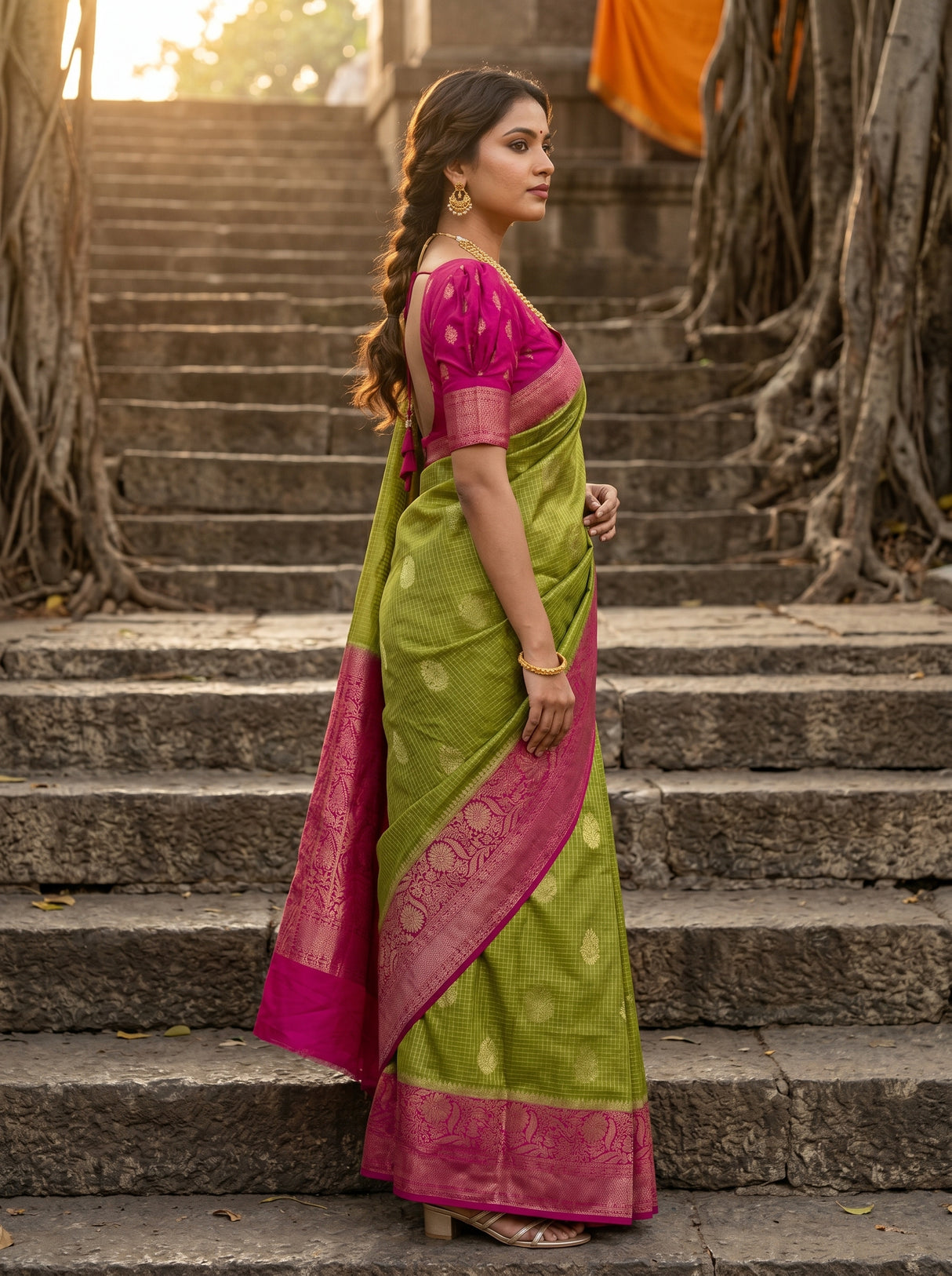 MIMOSA Olive Mysore Silk crepe Saree β Full View on Model