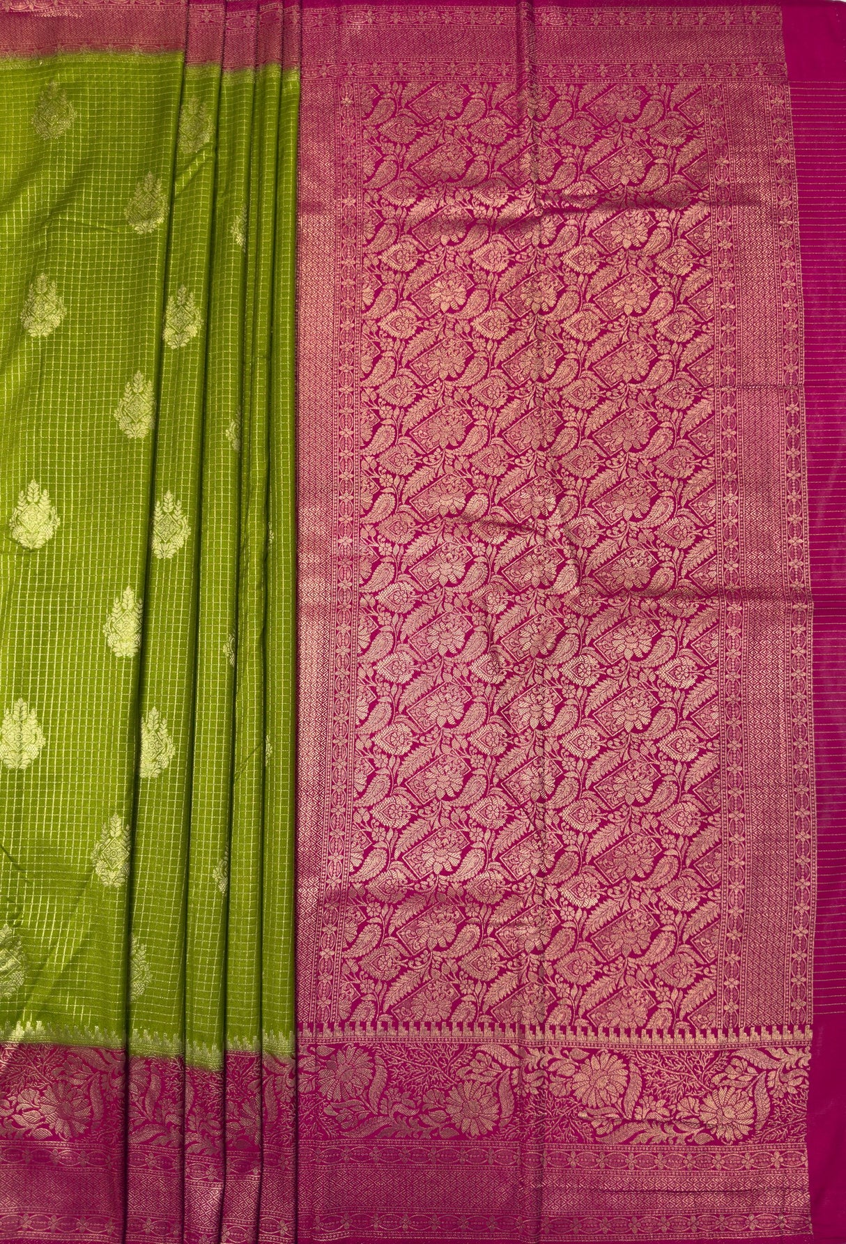 MIMOSA Olive Mysore Silk crepe Saree β pallu and zari work detail