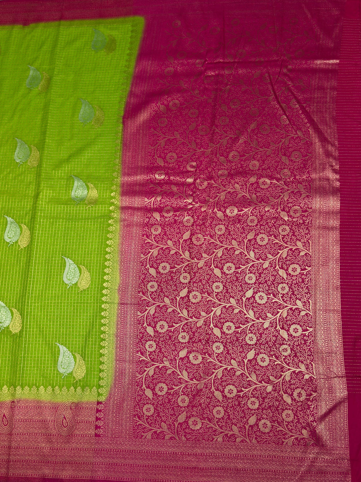 MIMOSA Parrot Green Saree Saree — pallu and zari work detail