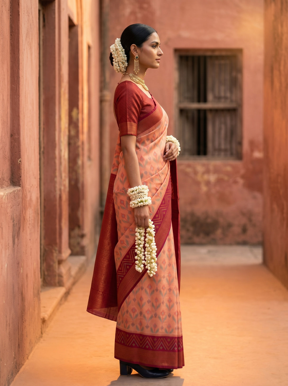 MIMOSA Peach Pochampally Saree — pose 3 styling detail