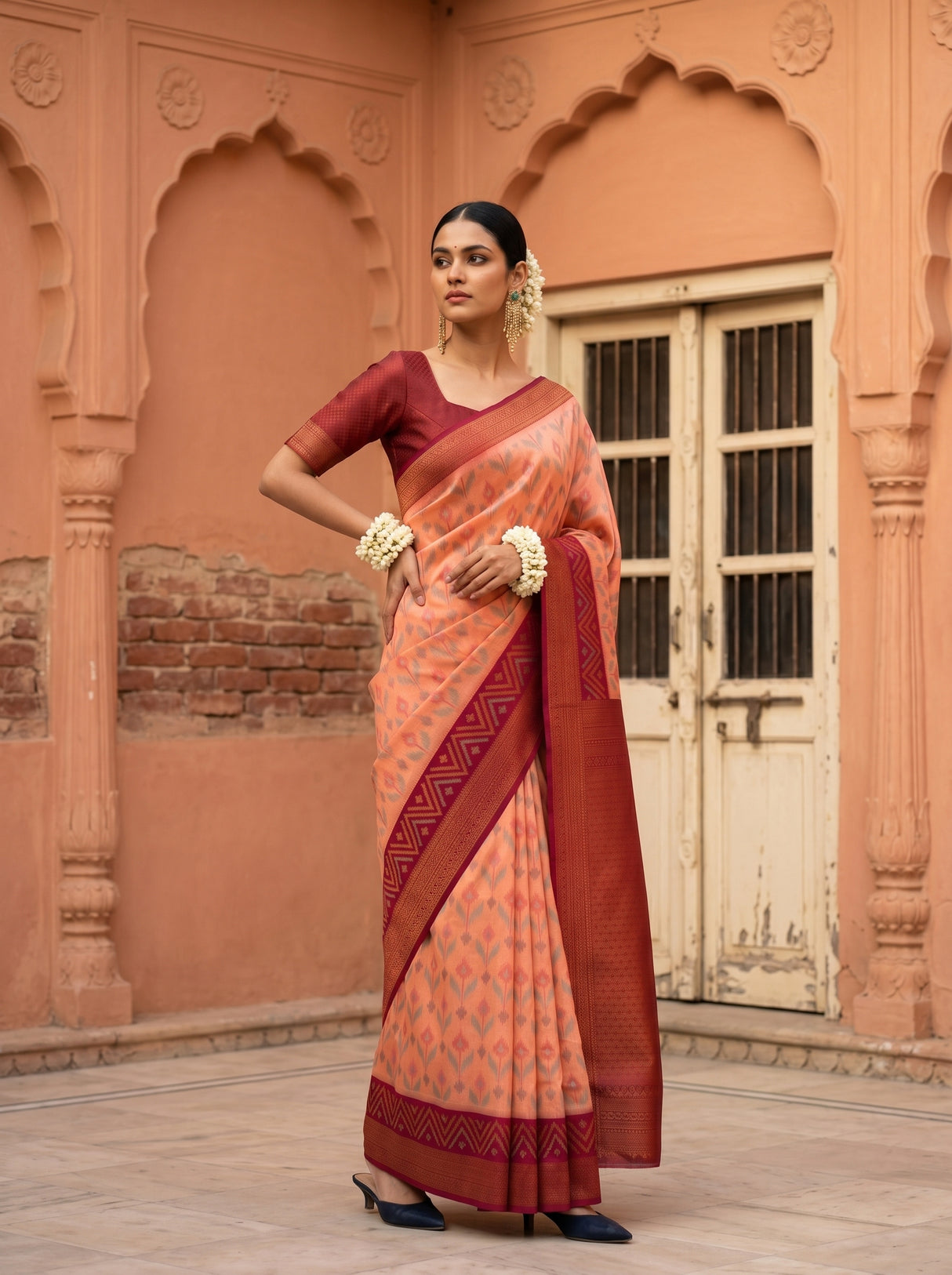 MIMOSA Peach Pochampally Saree — pose 4 styling detail