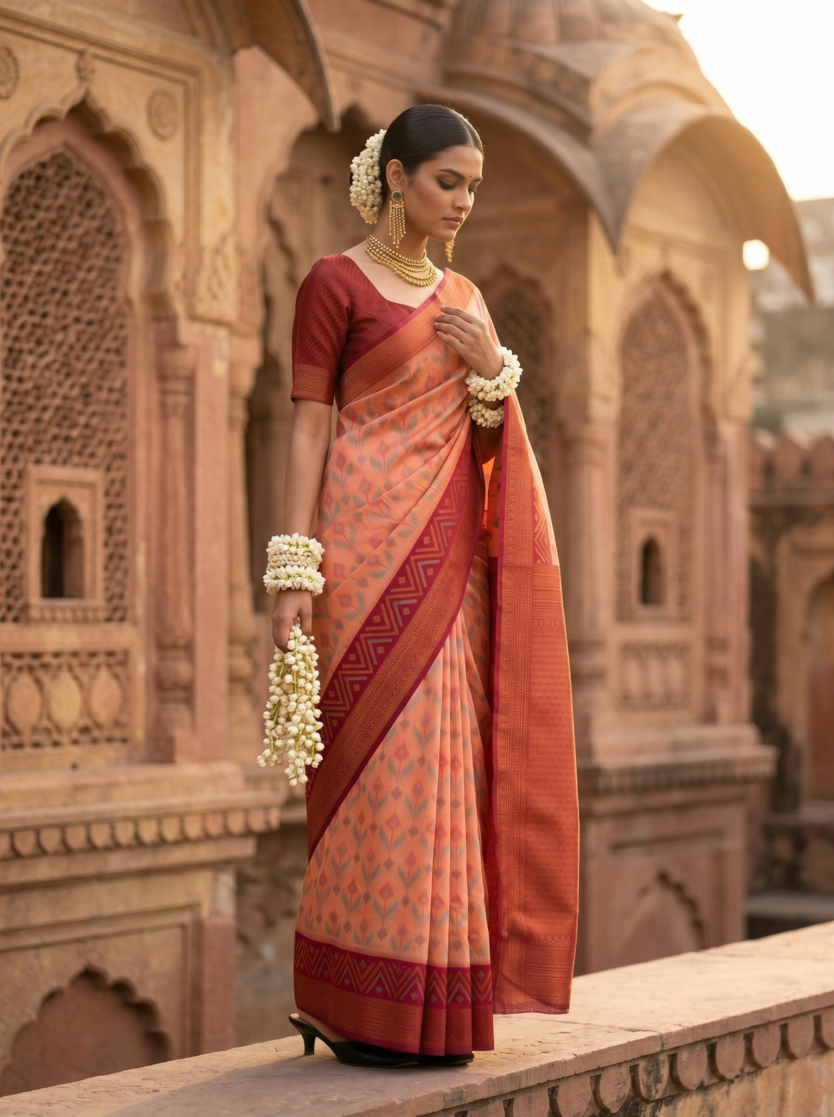 MIMOSA Peach Pochampally Saree — pose 5 styling detail