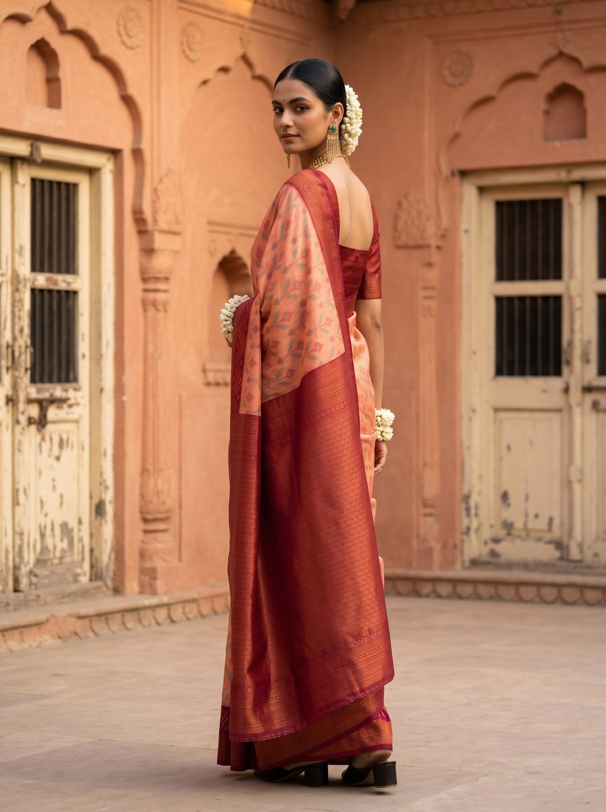 MIMOSA Peach Pochampally Saree — pose 7 styling detail
