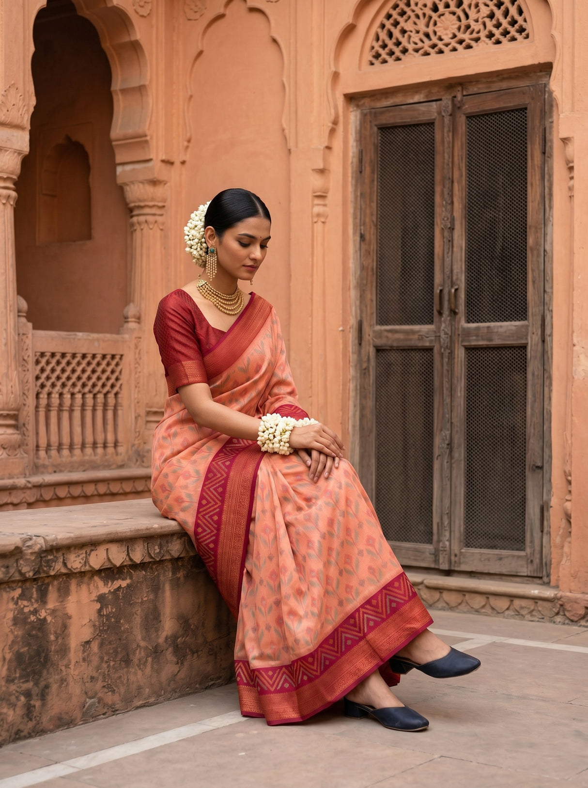 MIMOSA Peach Pochampally Saree — pose 8 styling detail