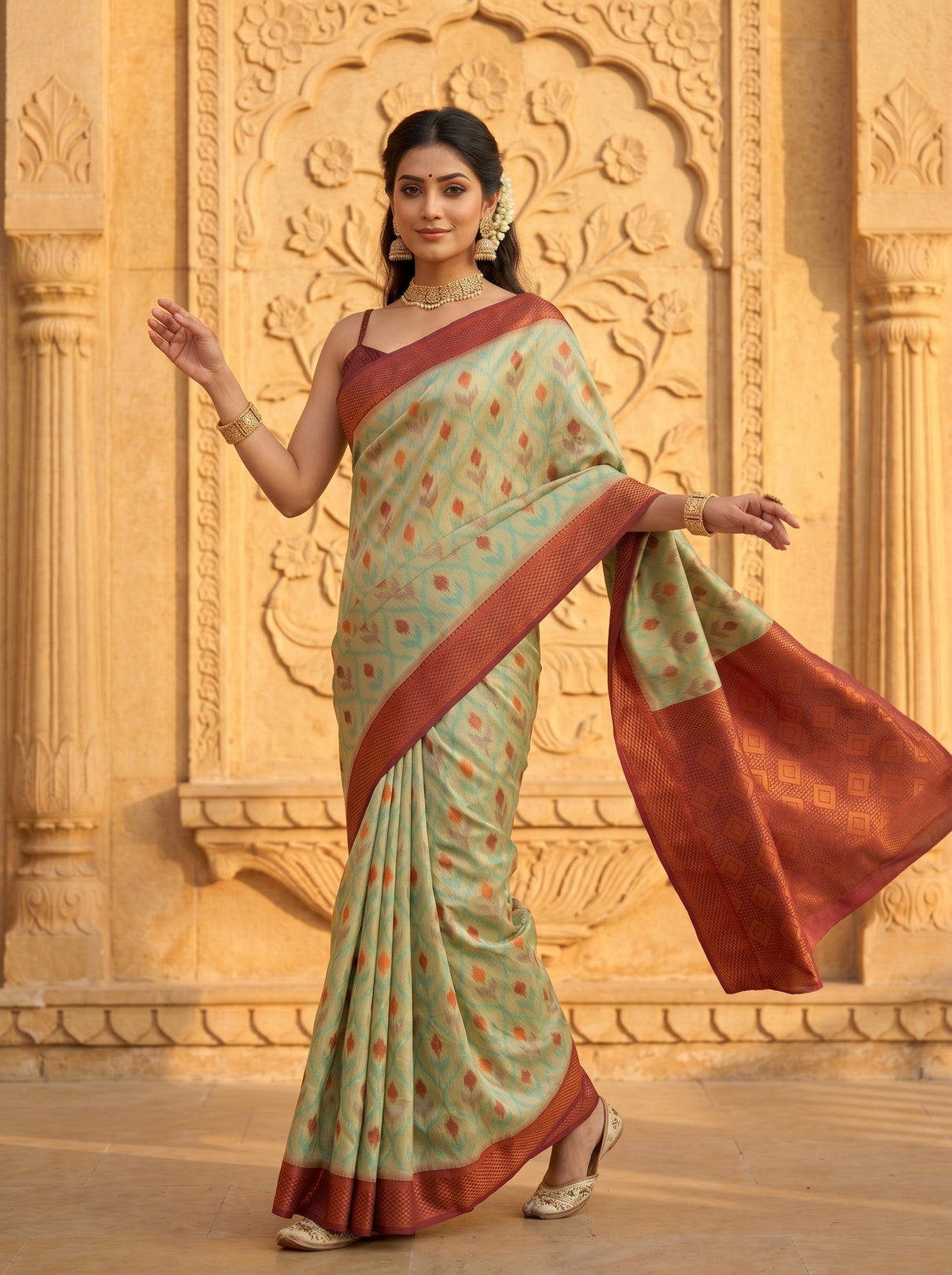 MIMOSA Chiku Pochampally Art Silk Saree — Upper body detail