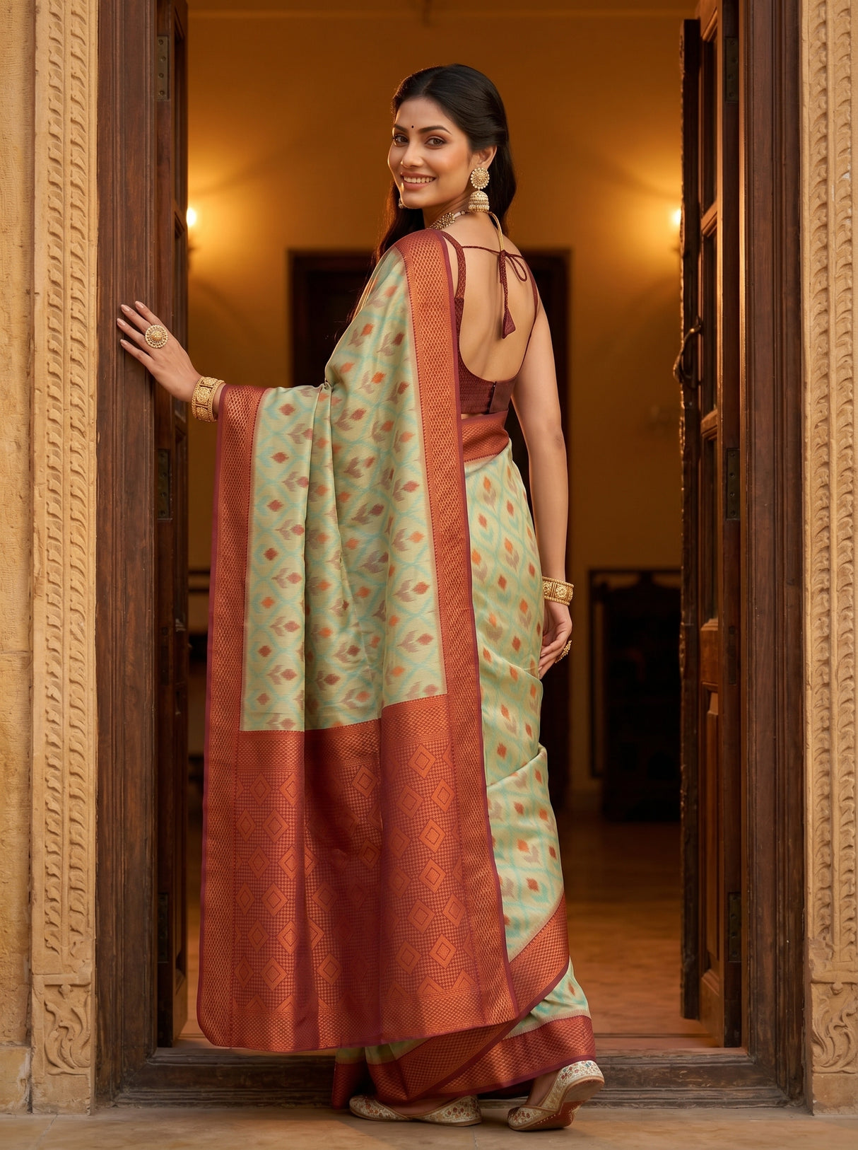 MIMOSA Chiku Pochampally Art Silk Saree — Lower body detail