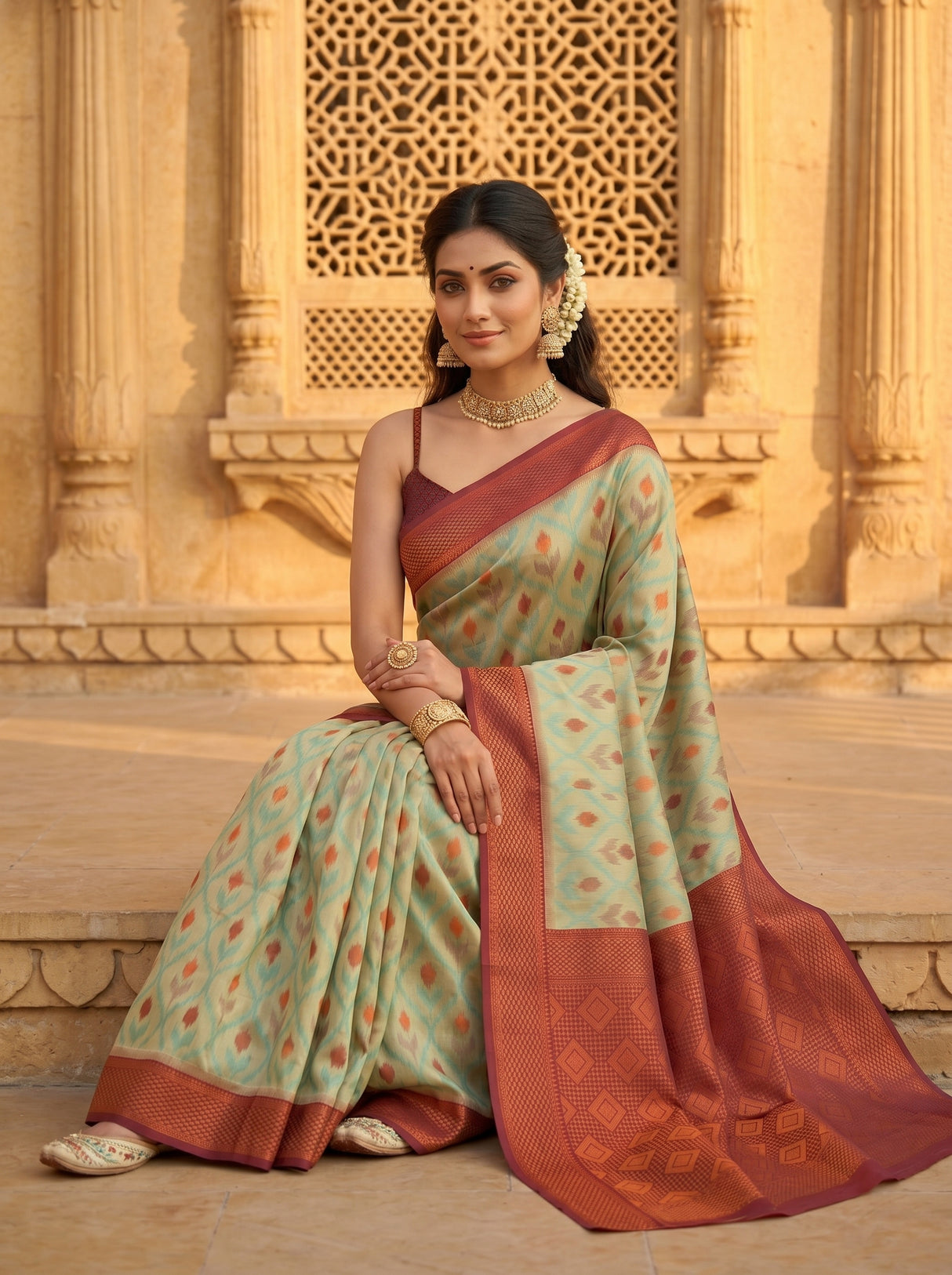 MIMOSA Chiku Pochampally Art Silk Saree — Pleats detail