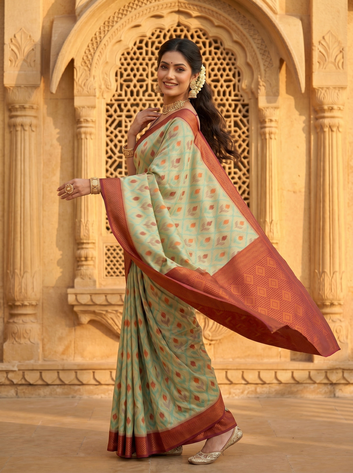 MIMOSA Chiku Pochampally Art Silk Saree — Footwear detail