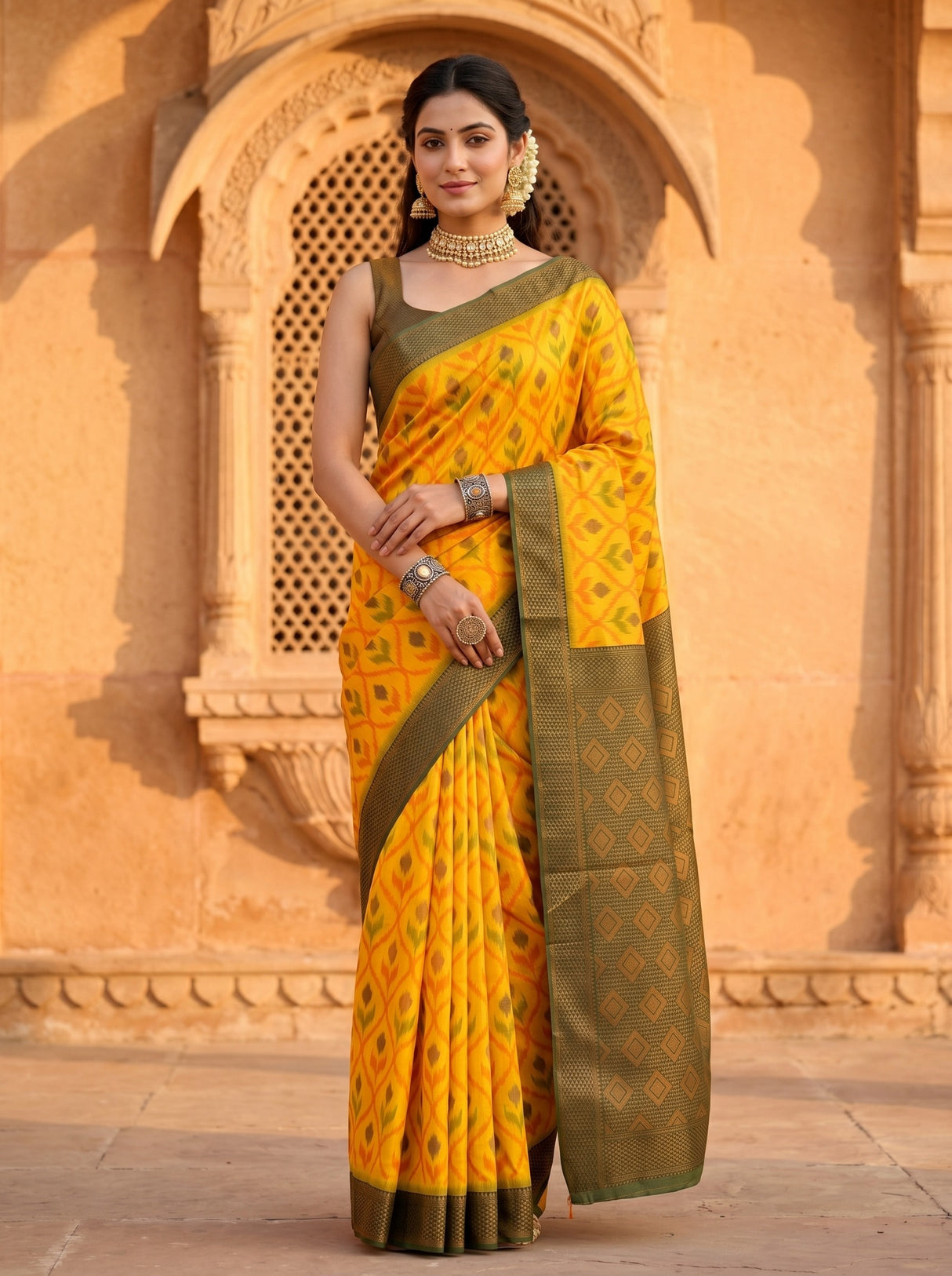 MIMOSA Gold Pochampally Art Silk Saree — Full pose