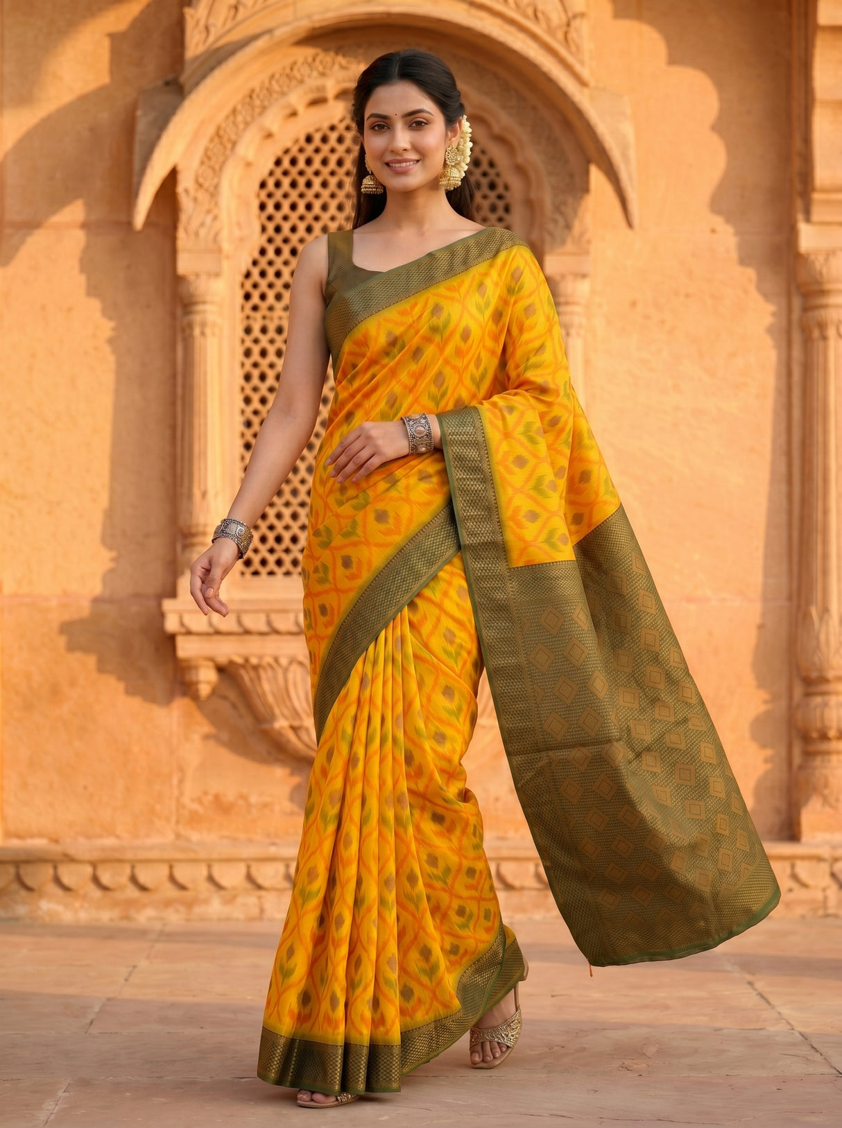 MIMOSA Gold Pochampally Art Silk Saree — Mid-section detail