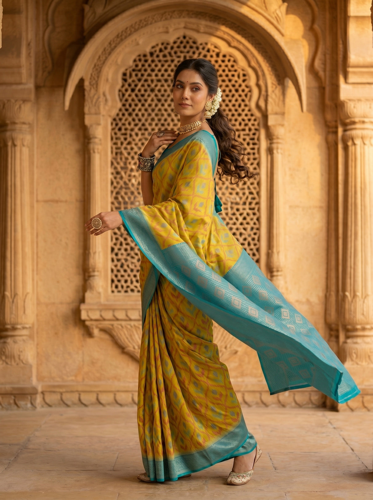MIMOSA Olive Pochampally Art Silk Saree — Pleats detail