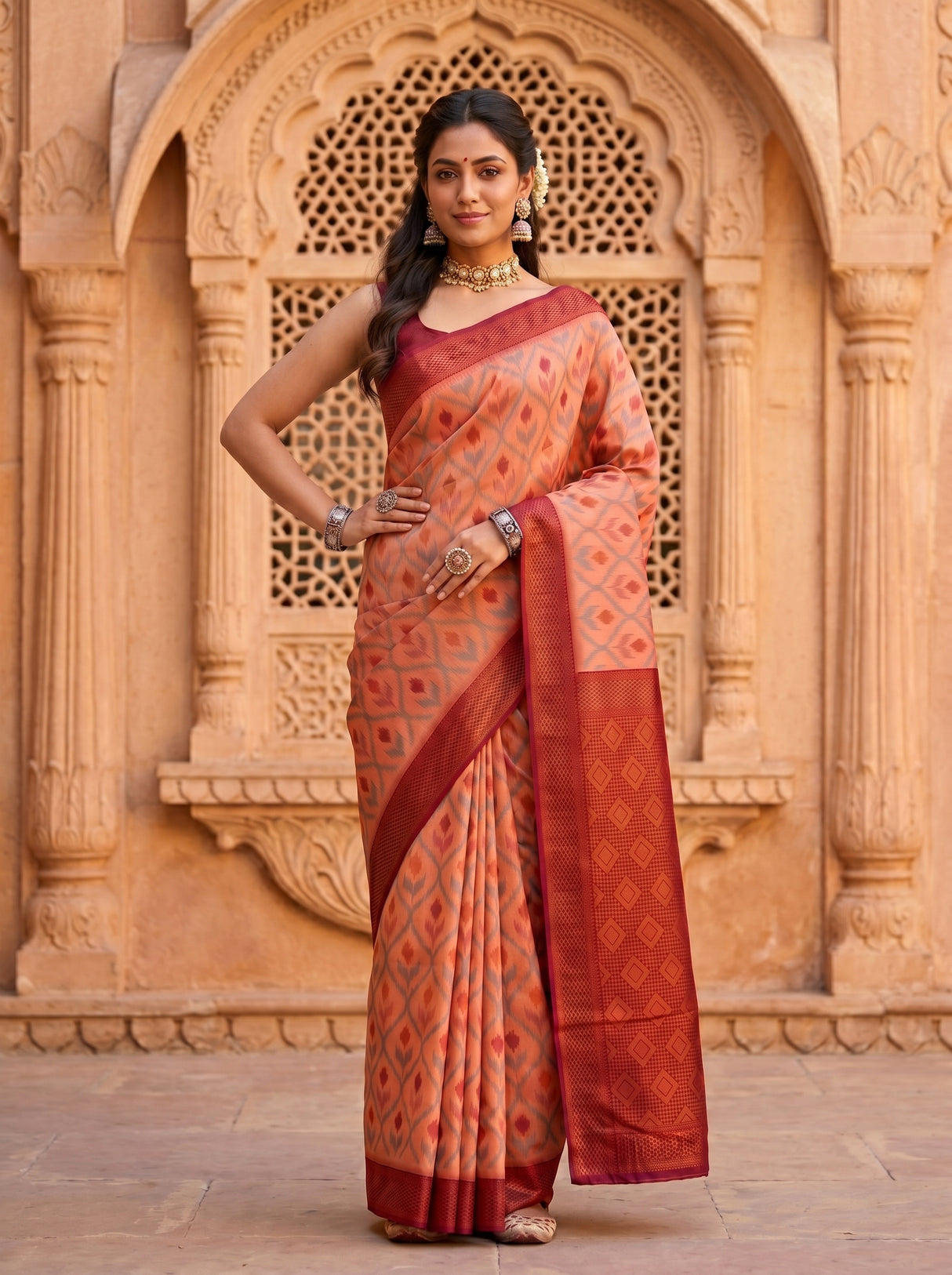 MIMOSA Peach Pochampally Art Silk Saree — Full pose