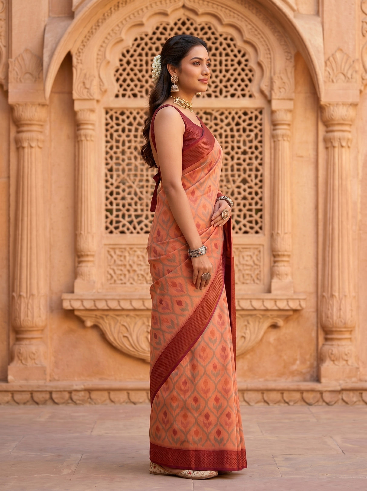 MIMOSA Peach Pochampally Art Silk Saree — Saree drape