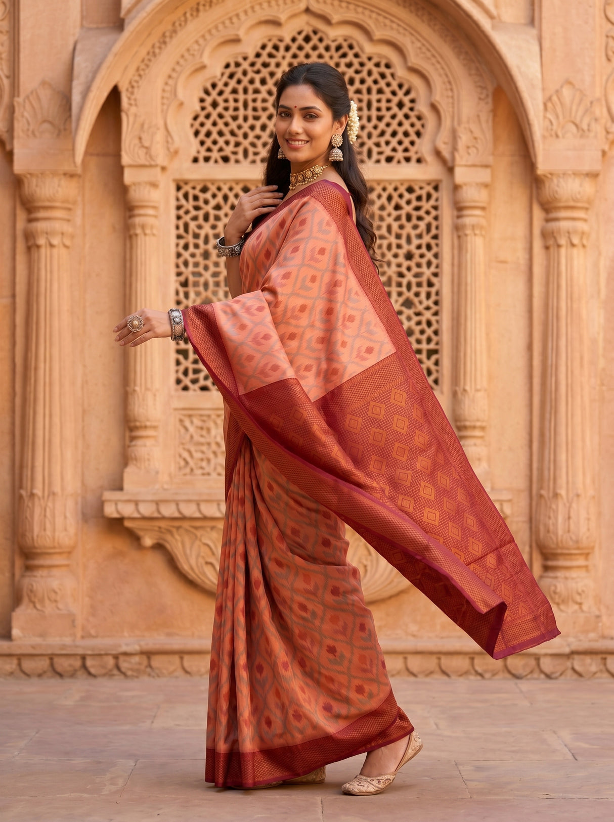 MIMOSA Peach Pochampally Art Silk Saree — Lower body detail