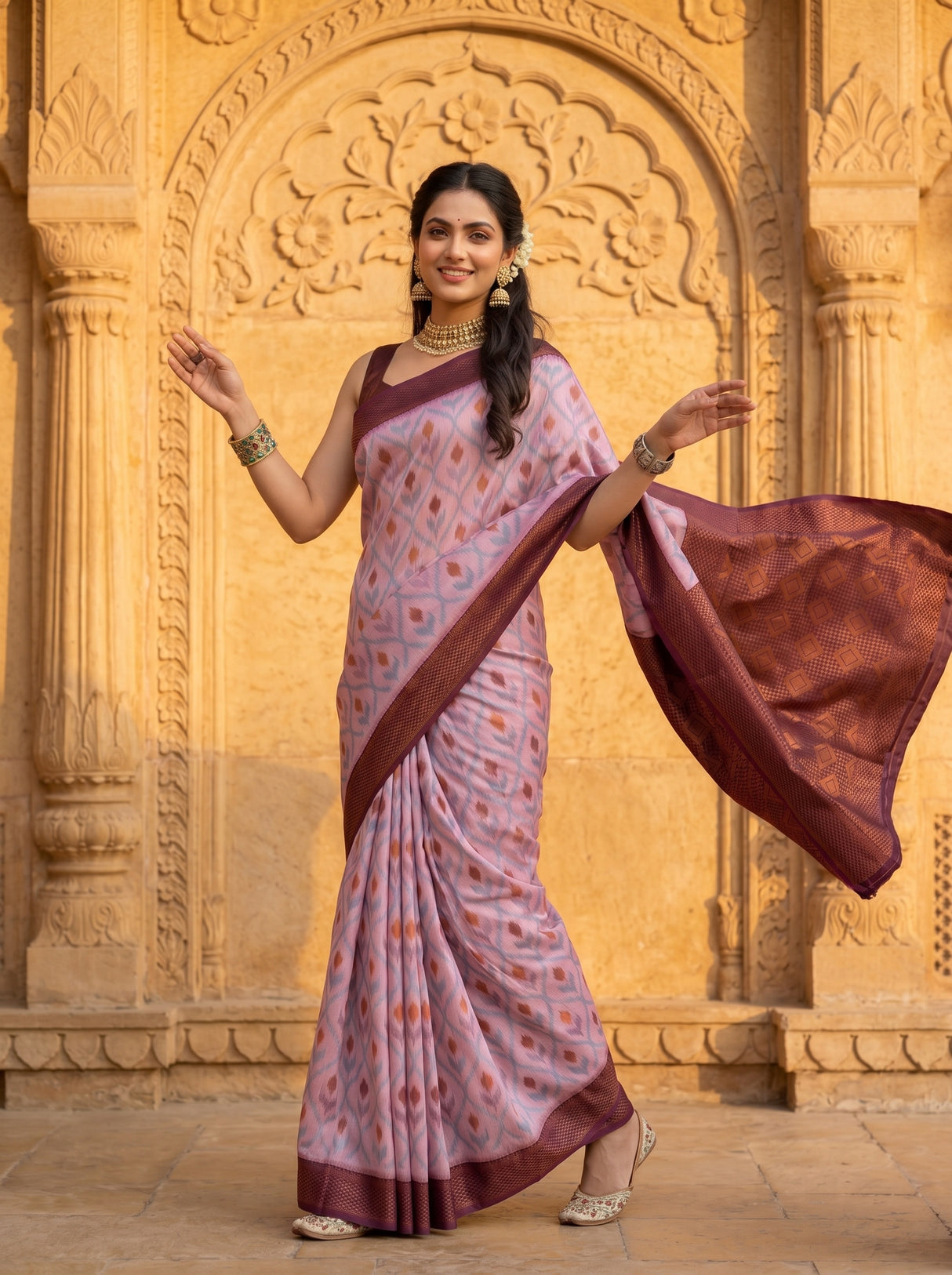 MIMOSA Pink Pochampally Art Silk Saree — Upper body detail