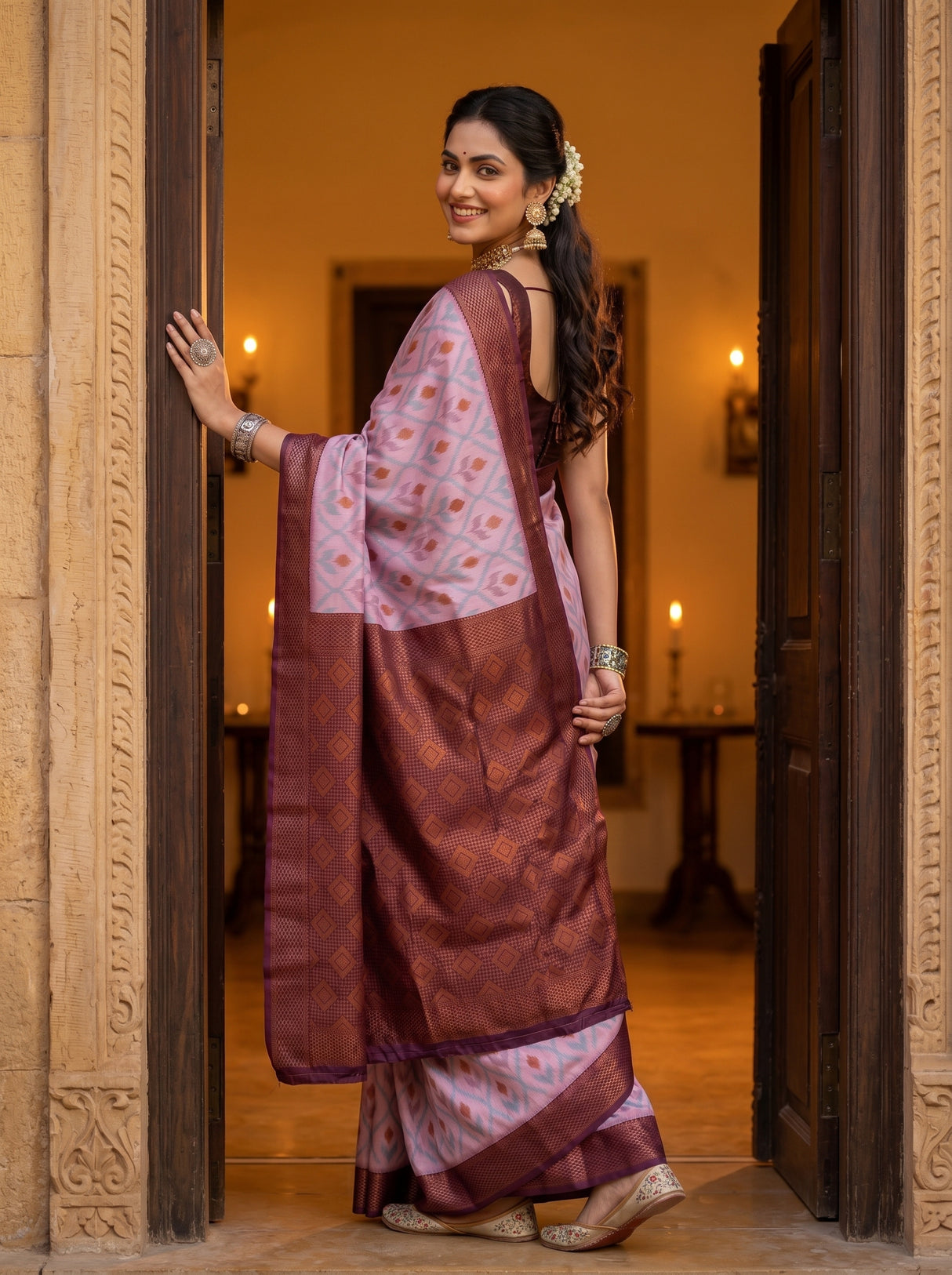 MIMOSA Pink Pochampally Art Silk Saree — Lower body detail