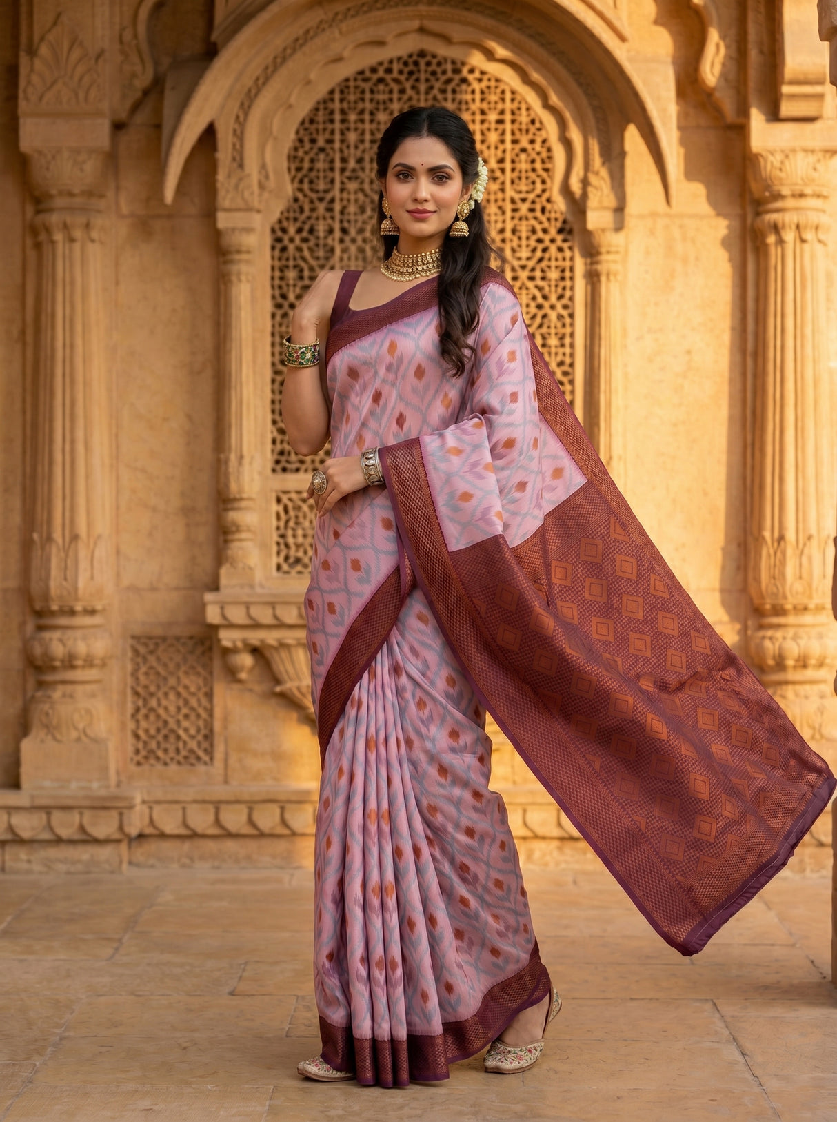 MIMOSA Pink Pochampally Art Silk Saree — Footwear detail