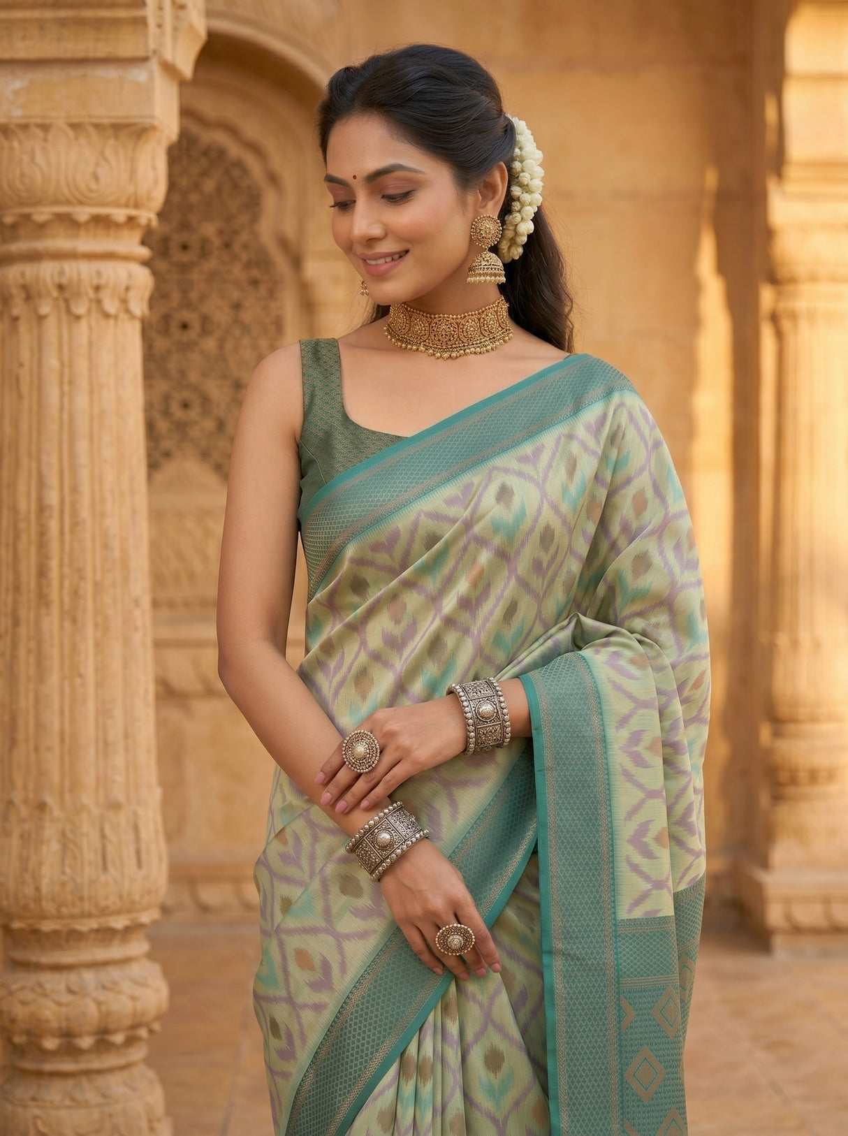 MIMOSA Pista Pochampally Art Silk Saree — Footwear detail