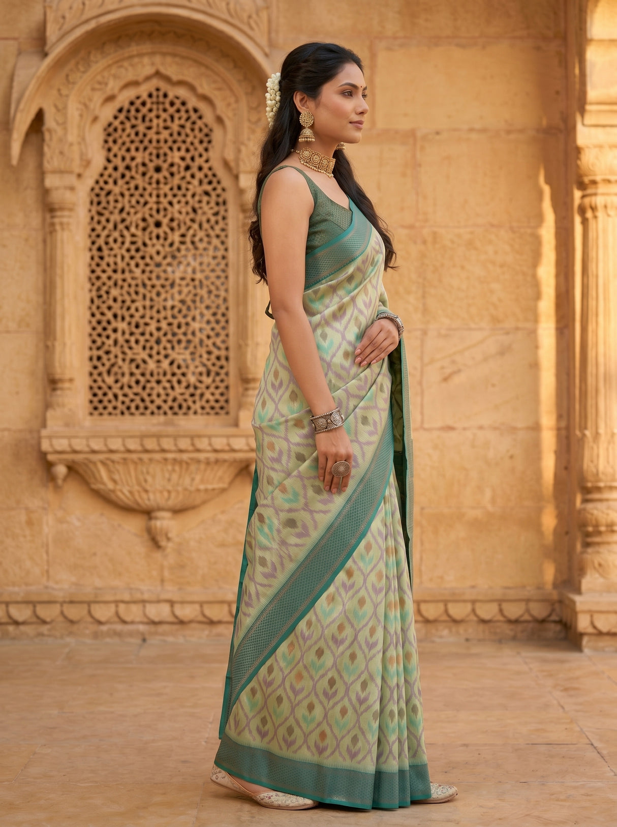 MIMOSA Pista Pochampally Art Silk Saree — Saree drape