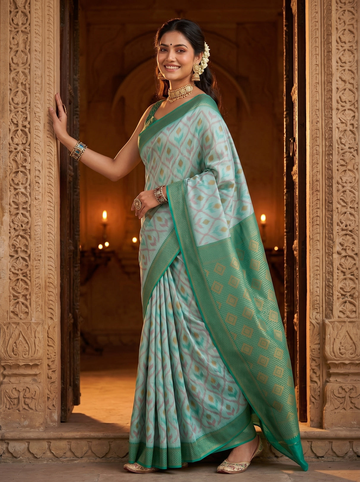 MIMOSA Sapphire Pochampally Art Silk Saree — Upper body detail
